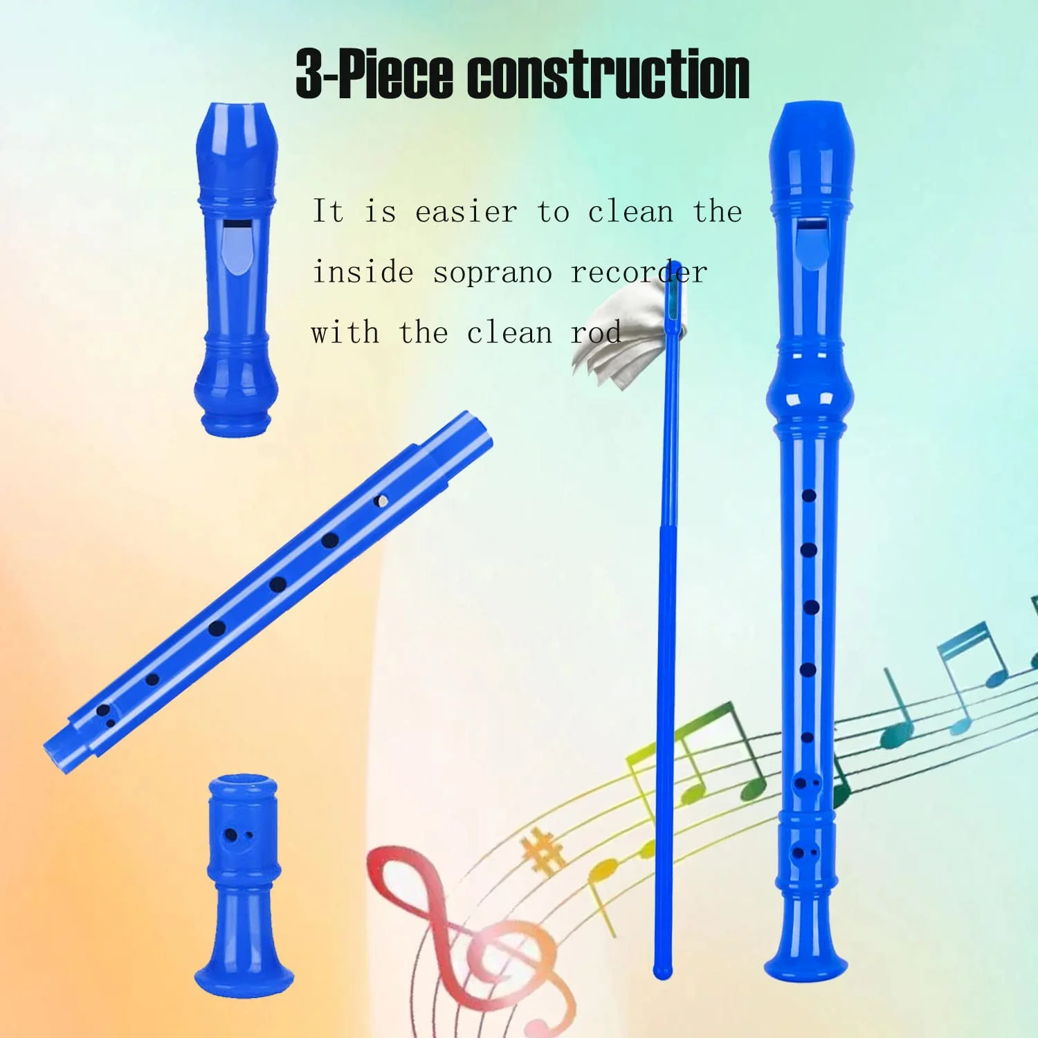 8 Holes Soprano Recorder with Cleaning Rod and Bag, Professional German Style C Key Recorder for Kids Beginners Students(Blue) Blue - Image 4