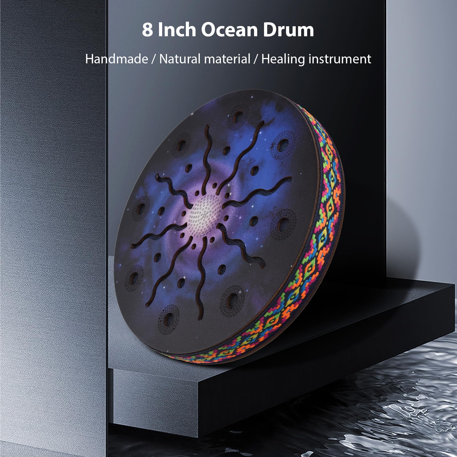 8 Inch Ocean Drum Ethnic Percussion Instrument Painted Drum Pattern Birch Wooden Drum Woven Edge for Home Party Supplies Onomatopoeic Music 8 INCH - Image 7