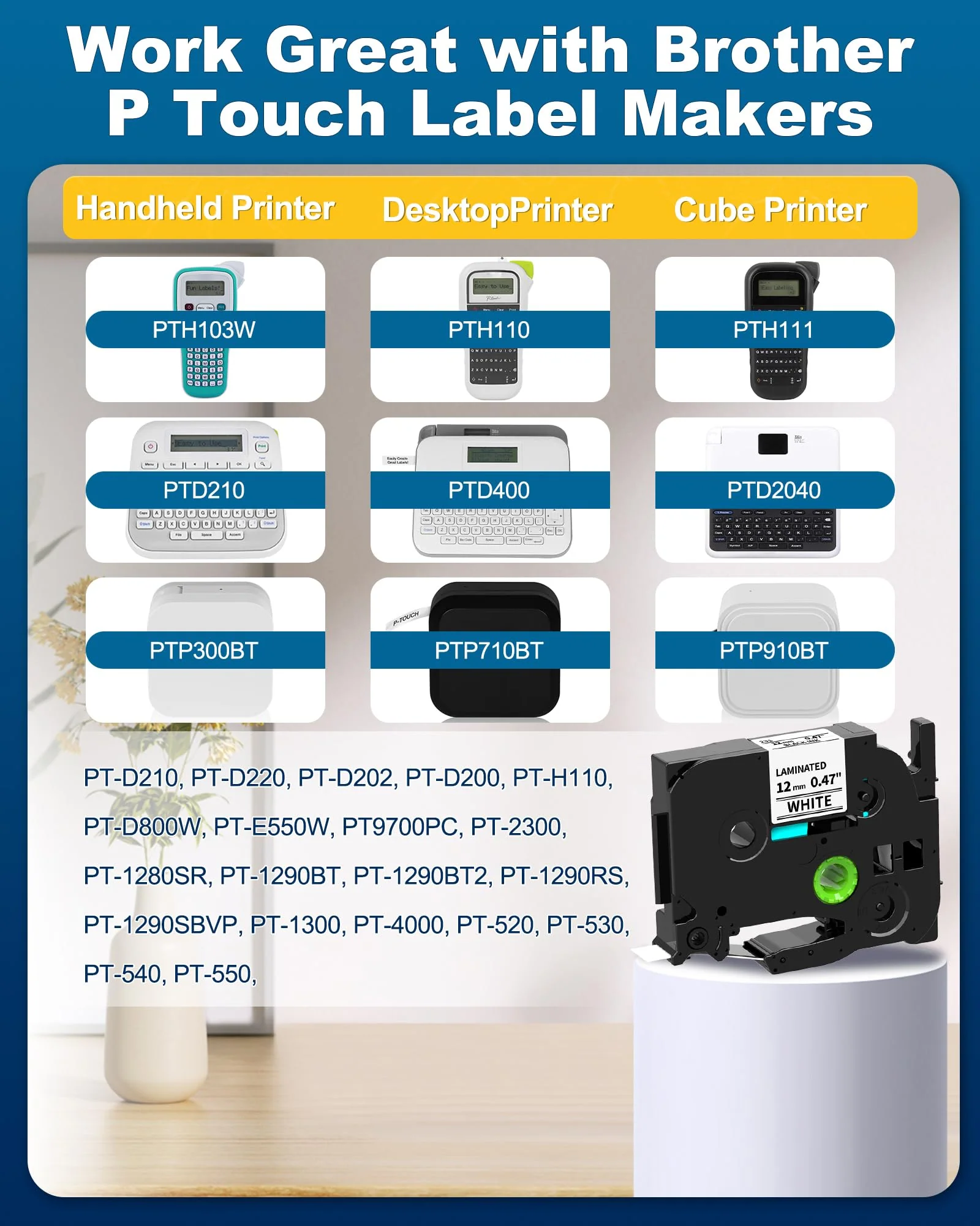 8 Pack Label Maker Tape 12mm 0.47 Laminated White Replacement for TZe-231 Brother Label Tape, AZe-231 Black on White Label Tape Compatible with Brother P Touch Label Maker PTD210 PTH110 PTD220 PTD400 8 - Image 2