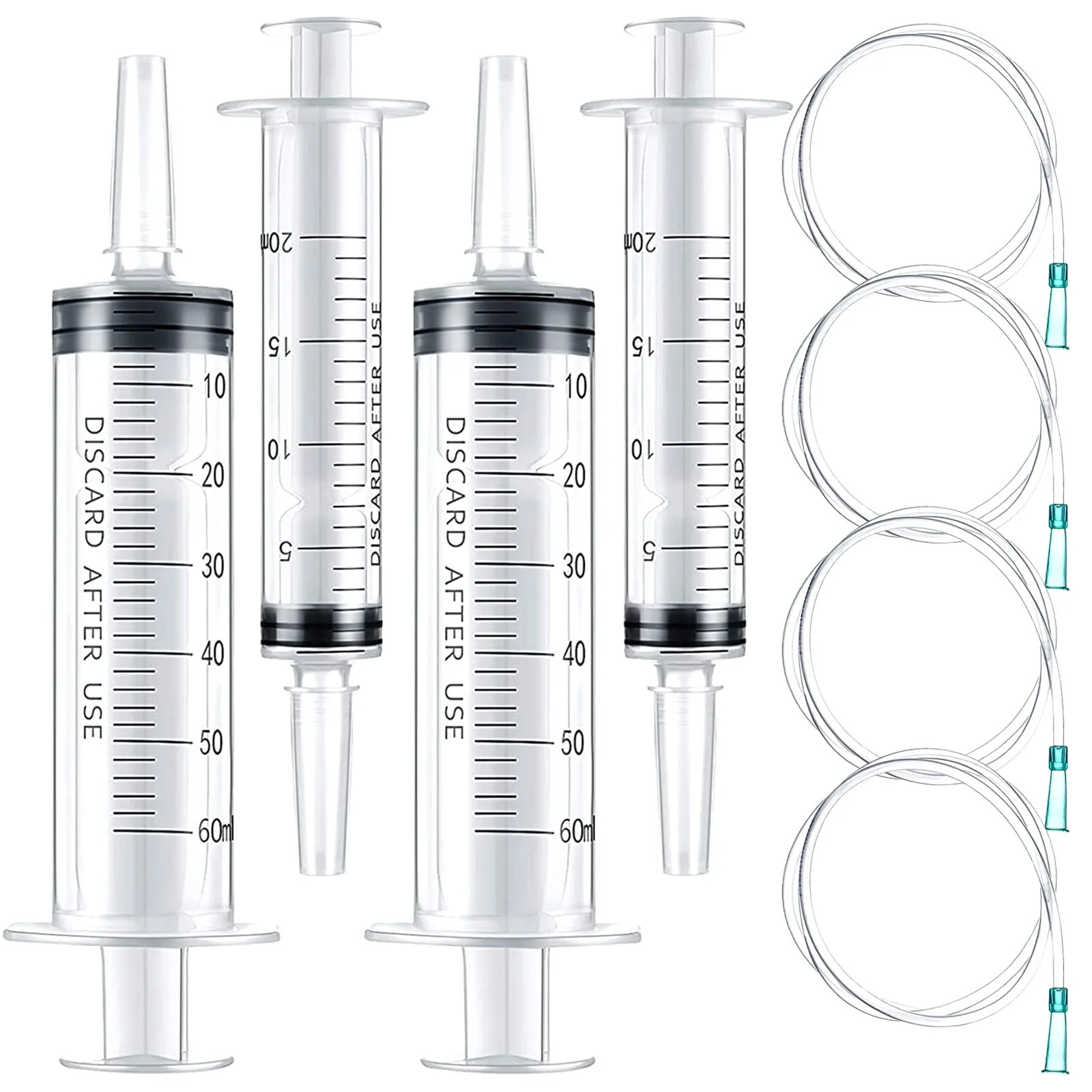 8-Piece Syringe Set, 20 ml 60 ml Syringe with Hose for Scientific Labs, Garden Watering, Measuring Fluids, Animal Feeding, Plant Watering, Industry, 20 ml x 2 + 60 ml x 2 + Hose x 4
