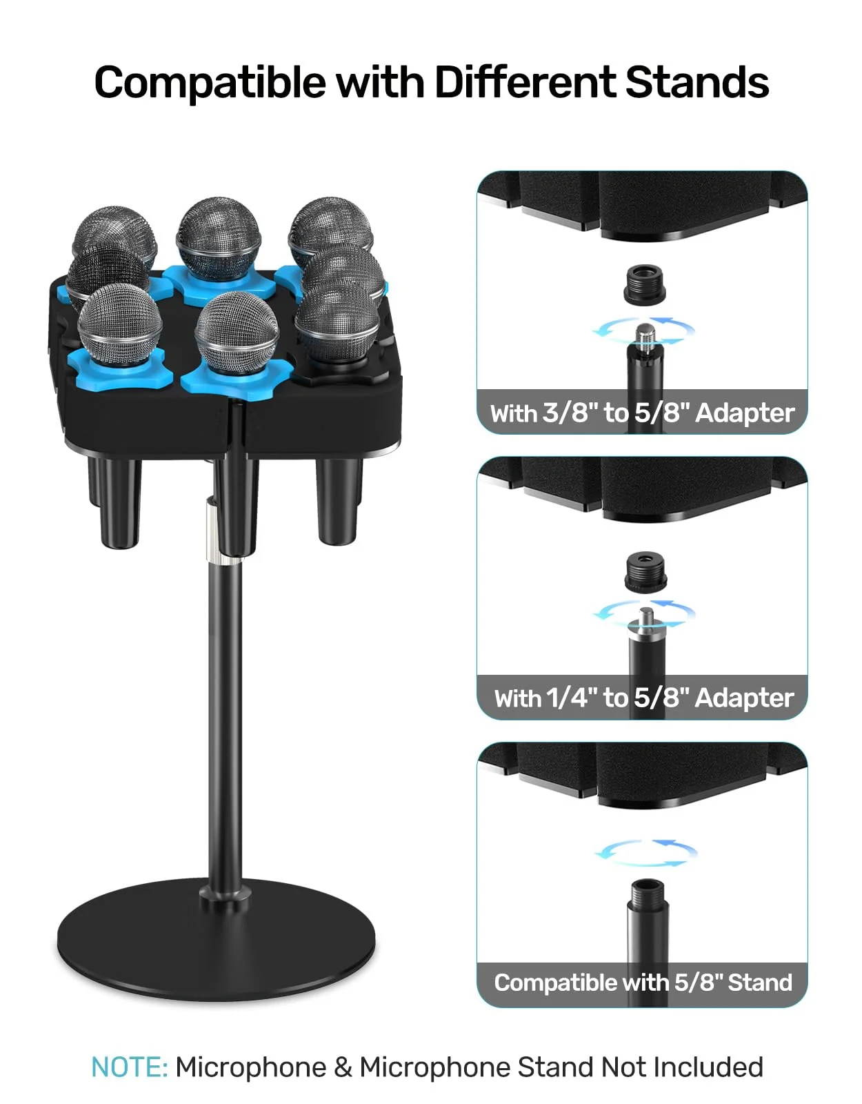 8-Slot Multi Microphone Holder, Alloy Base & Foam Padding & Anti-Roll Ring, Compatible with 5/8", 3/8" and 1/4" Threaded Stand, Wired & Wireles Mics Organizer and Display for Studio and Stage Mic UP to 8 (Foam) - Image 4