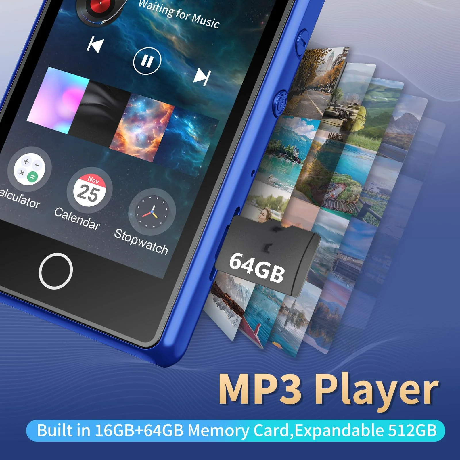 80GB MP3 Player with Bluetooth，3″Full Video Format Portable MP3 Player for Kids，MP4 Music Player with Speaker, FM Radio, Voice Recorder, Up to 256GB,Blue Blue - Image 6