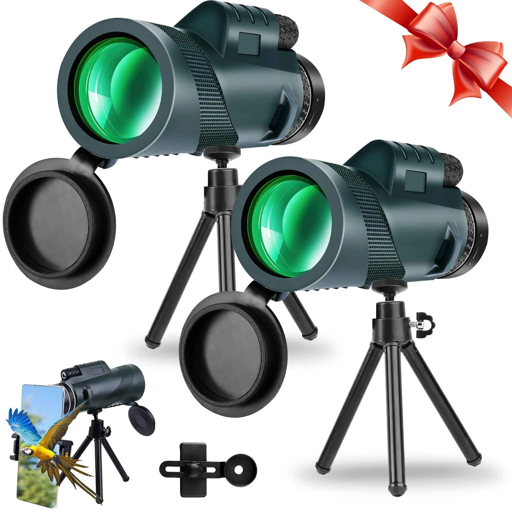80x100 High Powered Monocular Telescope 2 Packs with Smartphone Holder & Tripod, HD Monocular for Adults with BAK4 Prism & FMC Lens for Hunting Star Bird Watching Wildlife Camping Hiking
