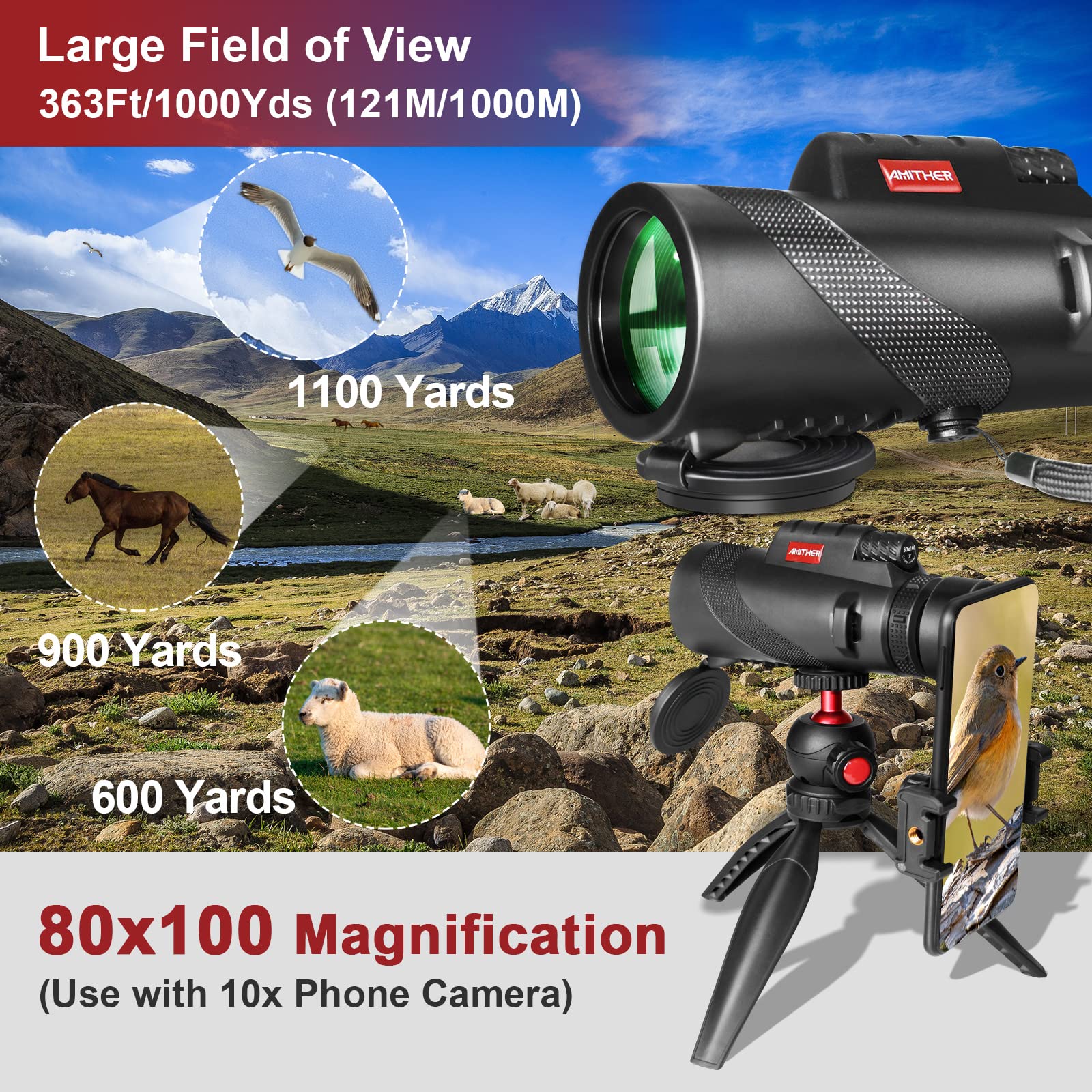 80x100 Monocular Telescope for Smartphones - High Powered HD Monocular with Tripod & Adapter, Low Light Vision for Adults - for Wildlife, Bird Watching, Hunting, Hiking 80x100 - Image 2