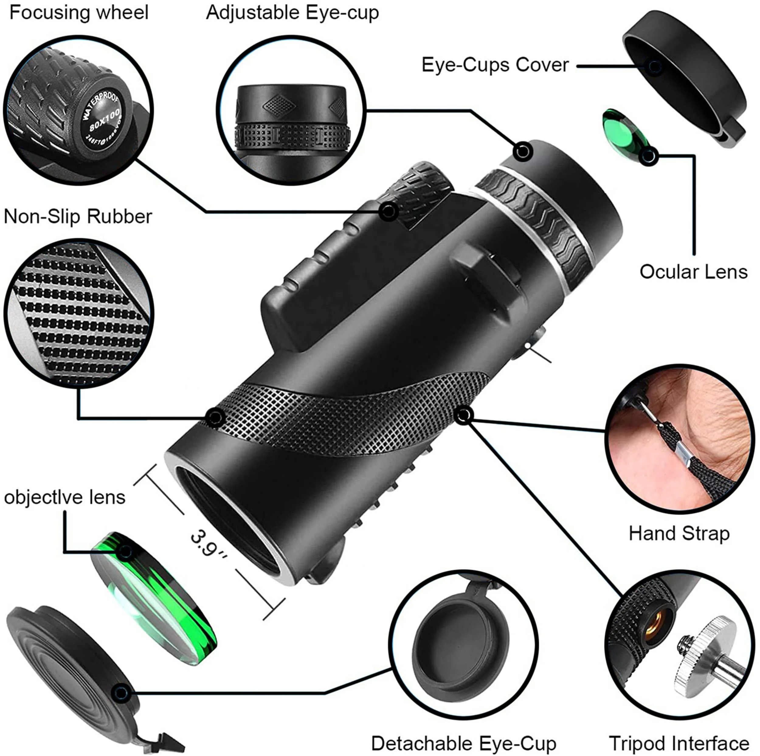 80x100 Monocular-Telescope High Powered for Smartphone Monoculars for Adults High Definition Monocular Telescope for Stargazing Hunting Wildlife Bird Watching Travel Camping Hiking Black-hu7 - Image 2