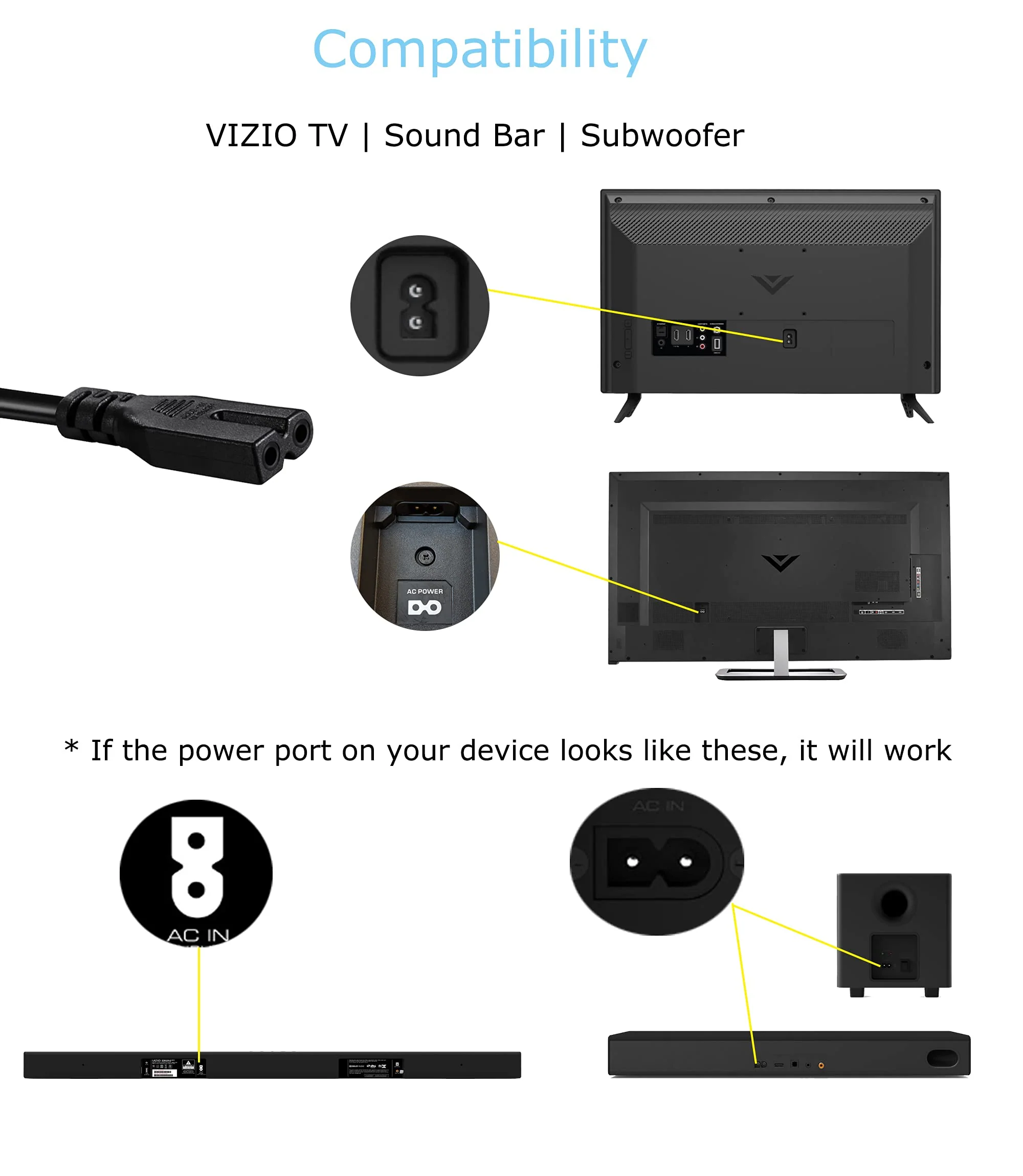 8FT AC Power Cord Compatible with Vizio Sound Bar System, Vizio E-M Series LED Smart TV Power Cable Replacement 8FT - Image 2