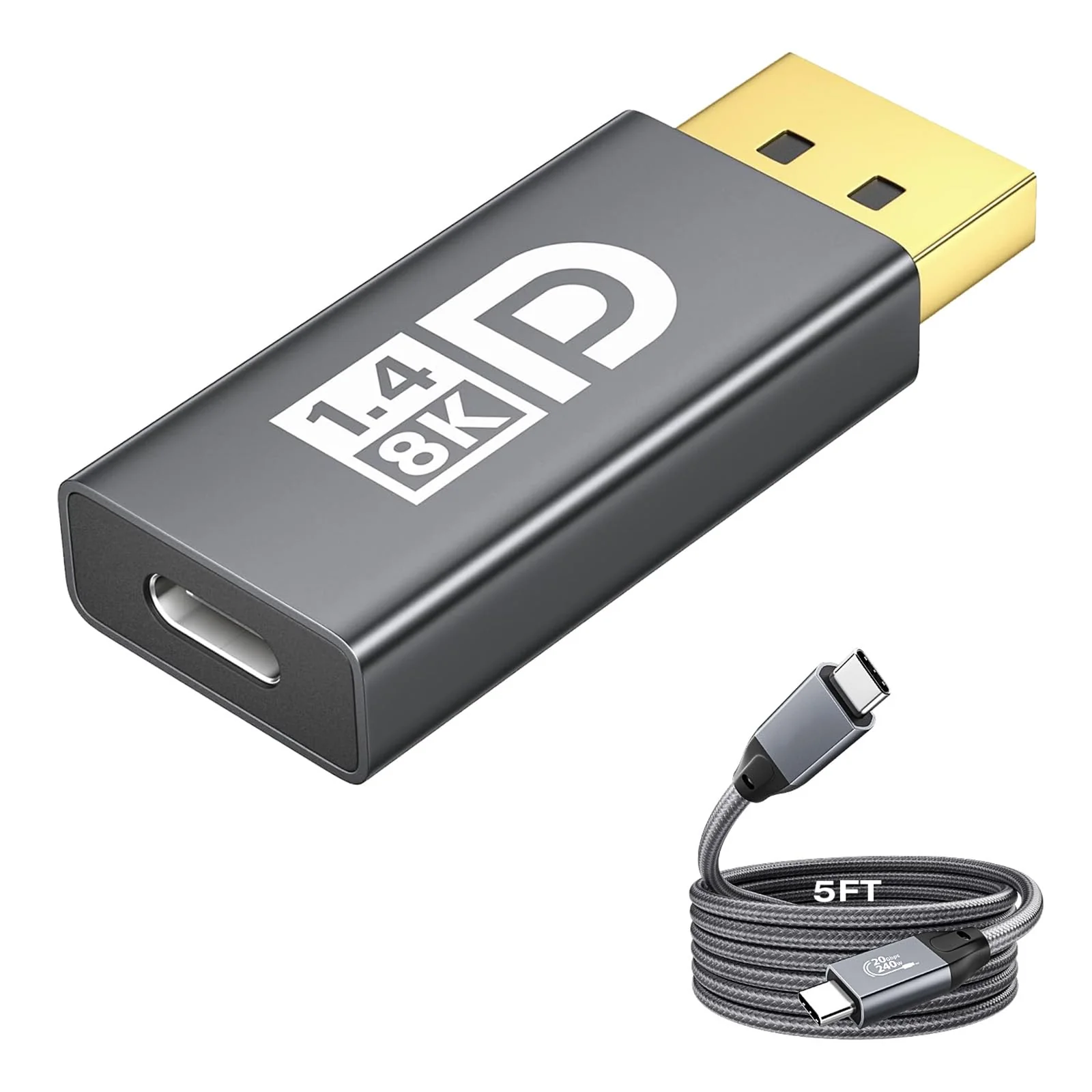 8K@60Hz USB C to DisplayPort 1.4 Adapter and USB C 3.2 Gen2x2 Cable 5FT Suit, Thunderbolt 4 and 5 to DP 1.4 Converter, Compatible with MacBook, iPhone 17/16/15, iPad Pro, S25/S24, Lenovo/HP/Dell/ASUS Adapter + USB C Cable (1.5m)