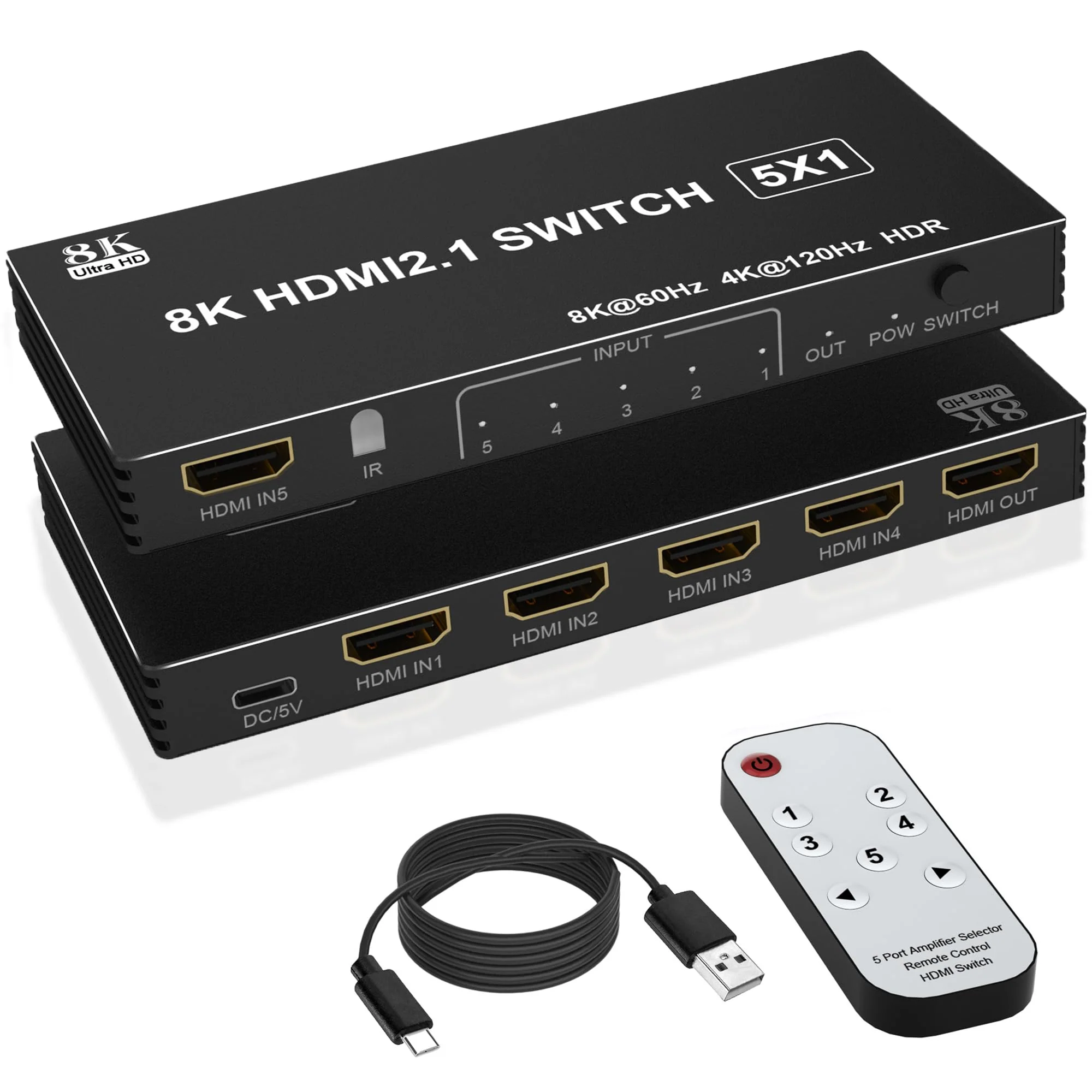 8K HDMI Splitter HDMI Switch 4K 120Hz - 5 in 1 Out hdmi switcher 8K 60Hz 4K 120Hz Splitter with Remote 3D HDR10+ HDCP 2.3 CEC, Use for PS5/4/3 Xbox Nintendo Switch DVD Roku Apple TV Fire Stick PC