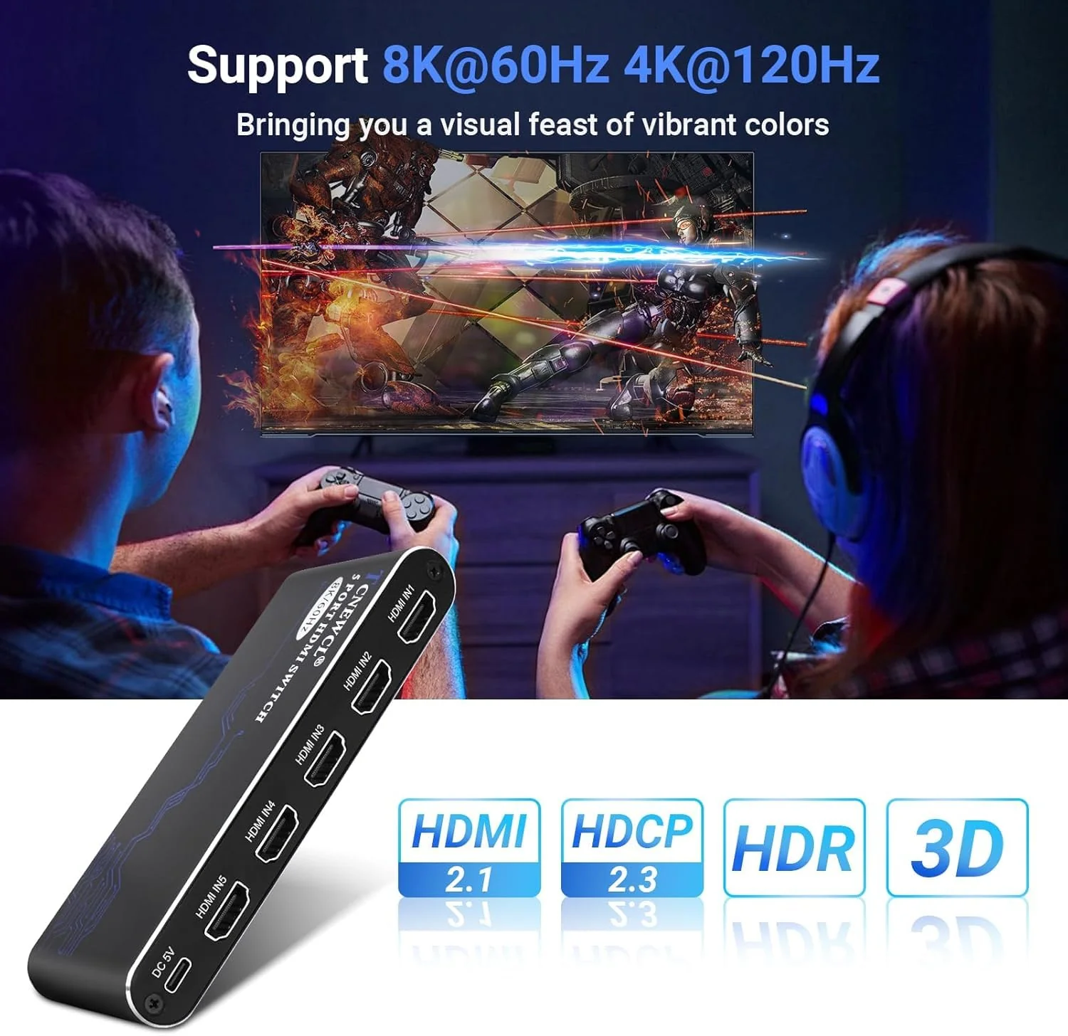 8K HDMI Switch 5 in 1 Out, HDMI Hub 8K@60Hz 4K@120Hz, HDMI 2.1 Selector Compatible with PS5 PS4 Xbox PC - Image 2