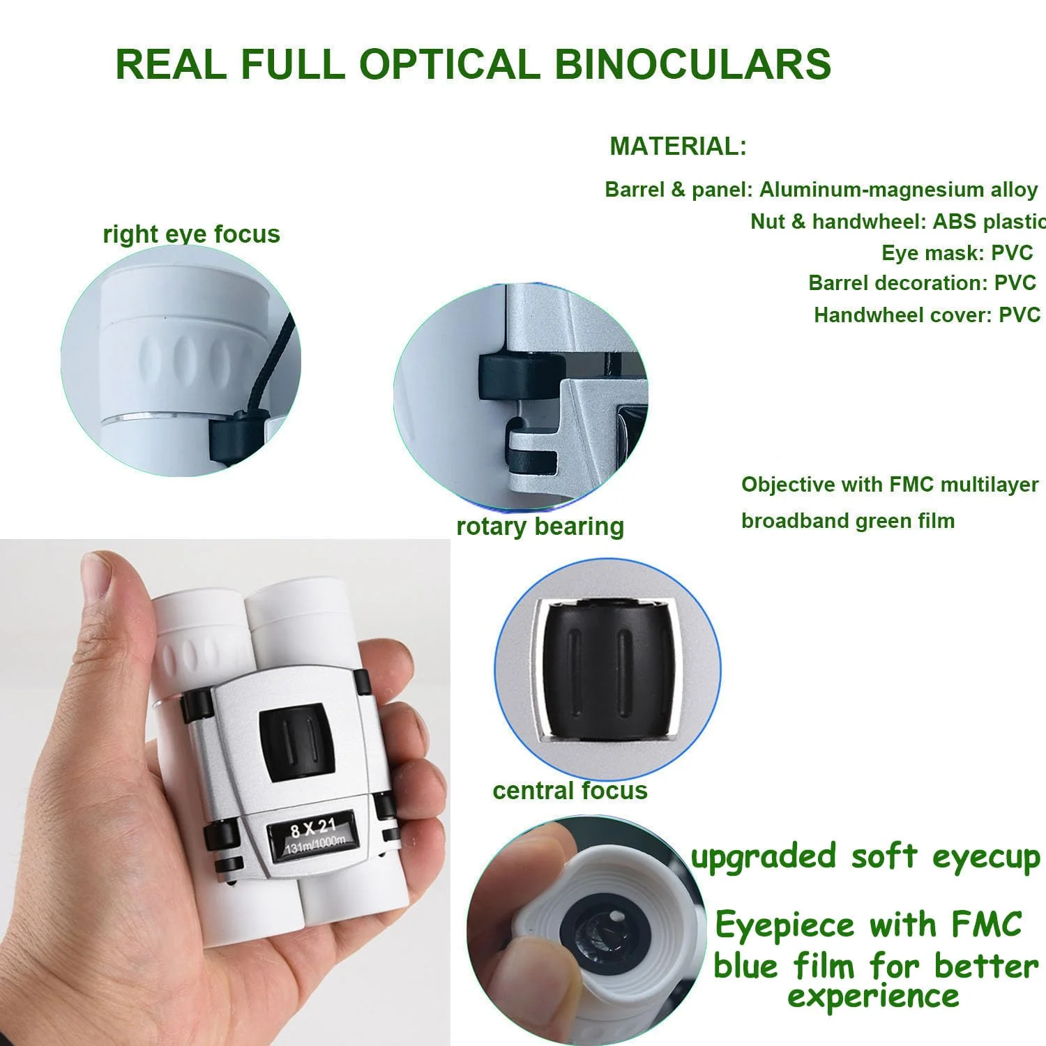 8x21 Compact Binoculars for Adults Teens, Mini Small Full Optical Binoculars for Bird Watching Opera Hiking Hunting Travel Concert (White) White - Image 2