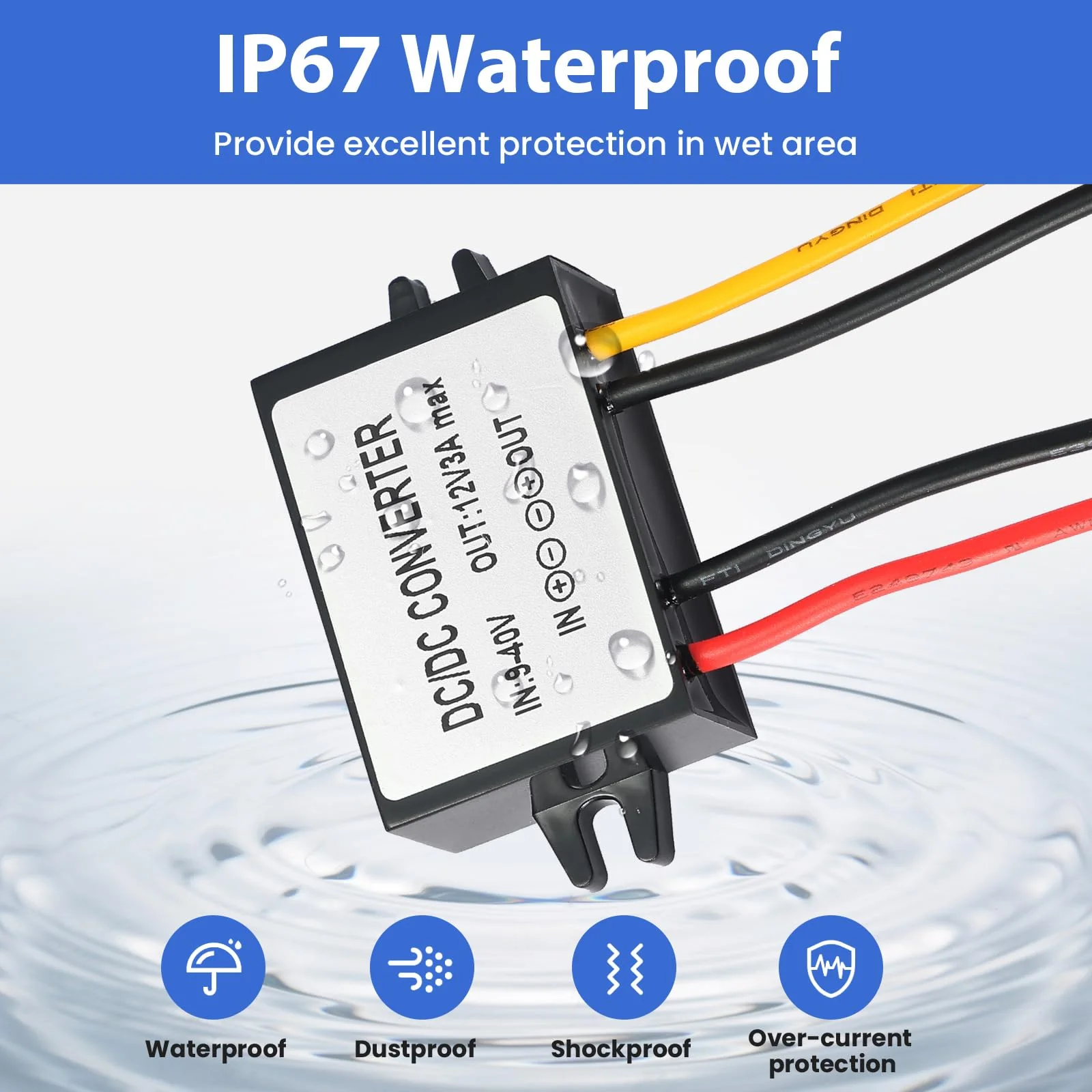 9-40V to 12V 3A Power Converter - Waterproof 36W Voltage Transformer for Truck/RV, CCTV Systems (CE Certified) Black DC/DC 9-40V to 12V3A - Image 4