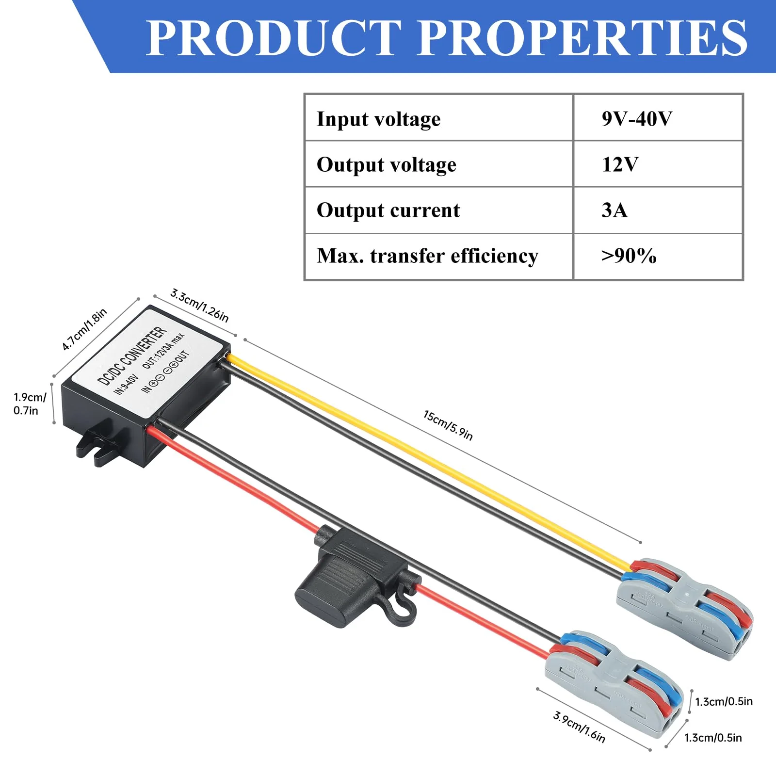 9-40V to 12V 3A Power Converter - Waterproof 36W Voltage Transformer for Truck/RV, CCTV Systems (CE Certified) Black DC/DC 9-40V to 12V3A - Image 7