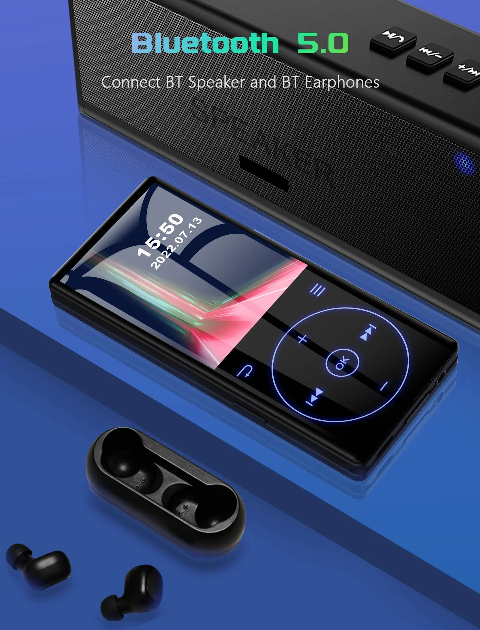 96GB MP3 Player with Bluetooth 5.0: Portable Lossless Sound Music Player with HD Speaker,2.4" Screen Voice Recorder,FM Radio,Touch Buttons,Support up to 64GB for Sport(Earphones&64GB TF Card Included) - Image 3