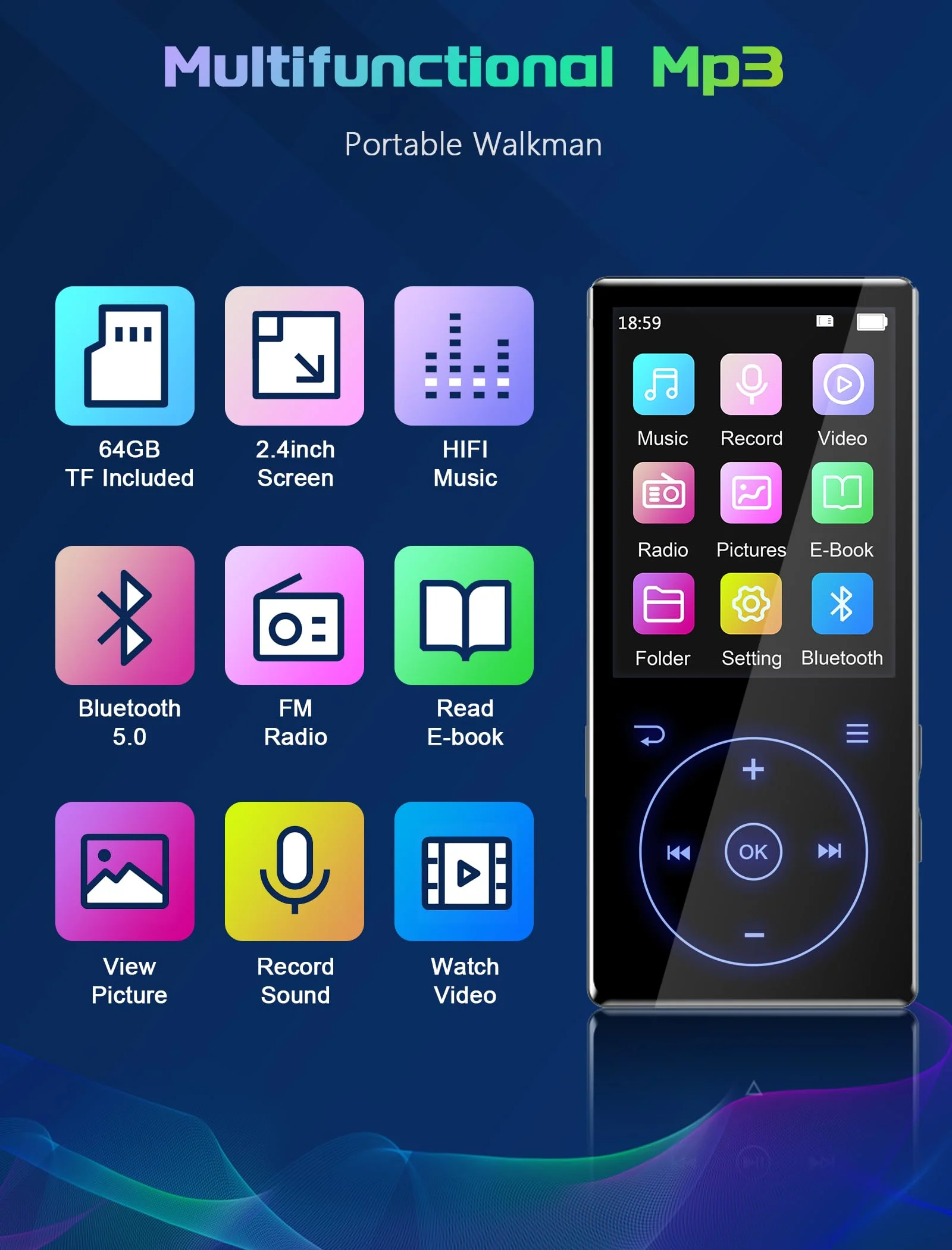 96GB MP3 Player with Bluetooth 5.0: Portable Lossless Sound Music Player with HD Speaker,2.4" Screen Voice Recorder,FM Radio,Touch Buttons,Support up to 64GB for Sport(Earphones&64GB TF Card Included) - Image 8