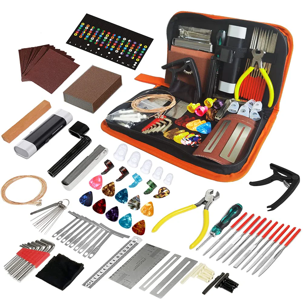 99PCS Professional Guitar Repairing & Maintenance Tool Kit with Capo, Strings, Picks, Bridge Pins, Gauge, Accessories - Gift for Acoustic, Electric Guitar, Ukulele, Bass, Banjo Orange