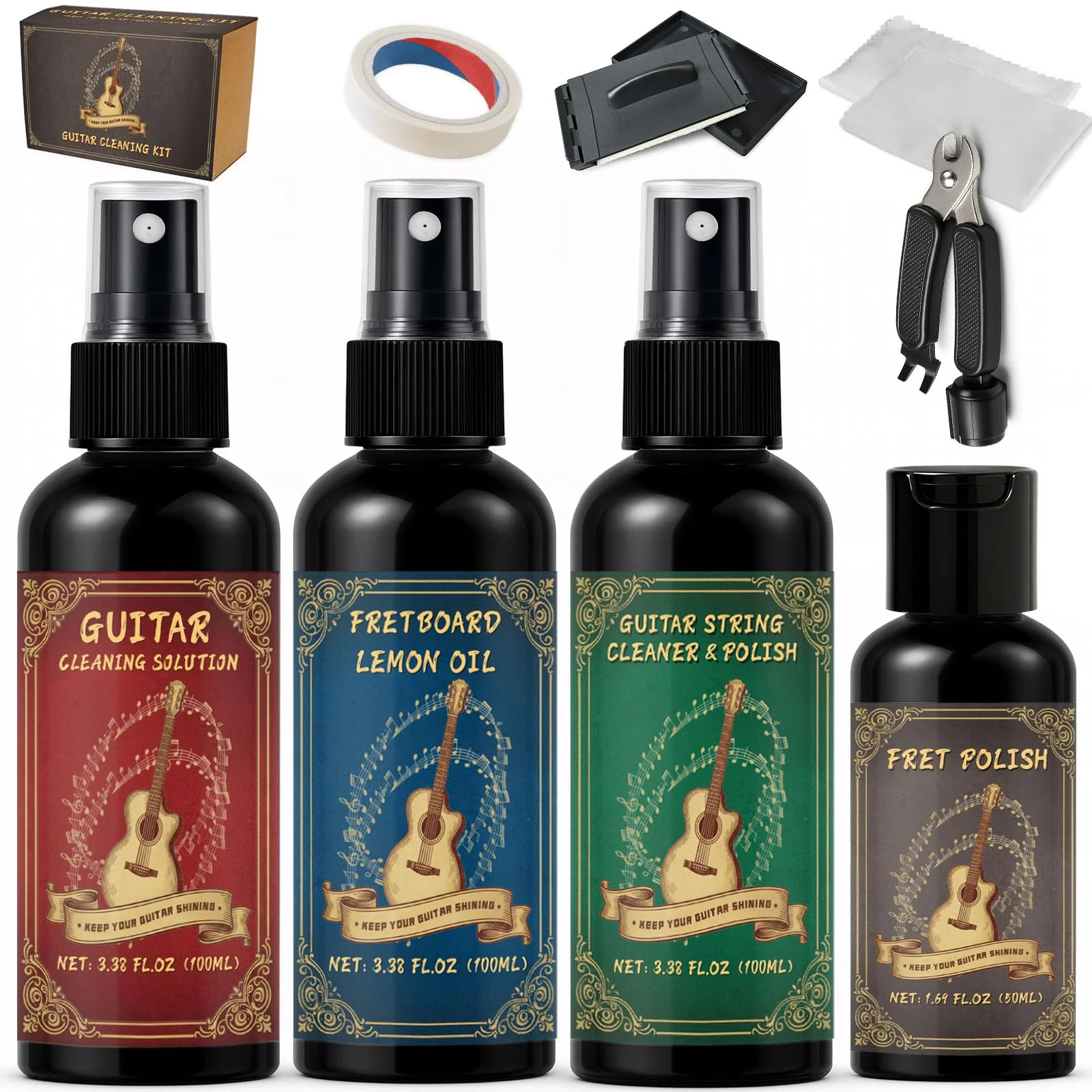 9pcs Guitar Cleaning Kit with Fret Polish, Guitar Cleaner Prevents Wear, Fading, and Cracking, While Keeping Your Instrument in Its Best Appearance and Sound Quality at All Times
