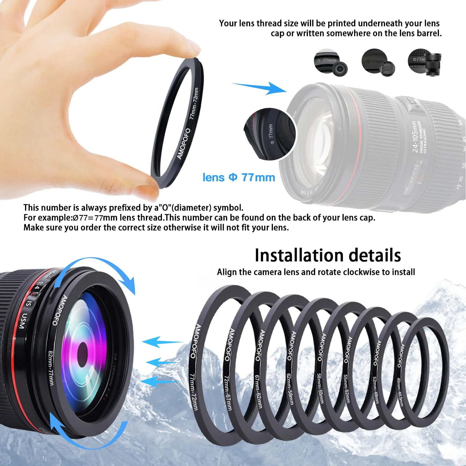 9pcs Step Down Ring Set,Camera Lens Adapter Ring 82-77mm/77-72mm/72-67mm/67-62mm/62-58mm/58-55mm/55-52mm/52-49mm/49-40.5mm.Made of CNC Machined Aluminum - Image 5