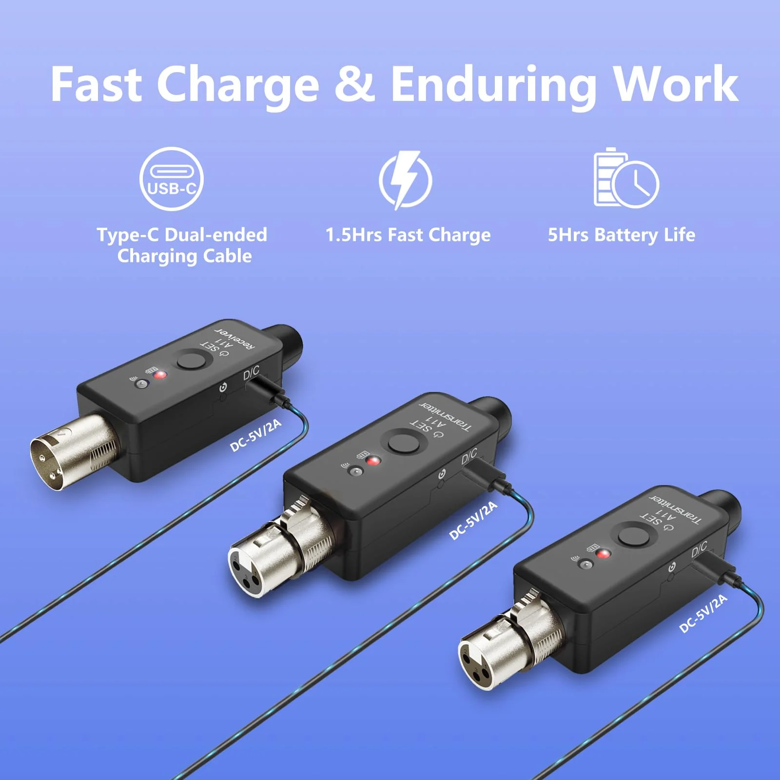 A11 Wireless Microphone System, 2.4GHz XLR Transmitter and Receiver for Dynamic Microphone, Audio Mixer, PA System, 100ft Range, Ultra-Low Latency, Rechargeable Battery (A11-2(2TX+1RX)) A11-2(2TX+1RX) - Image 4
