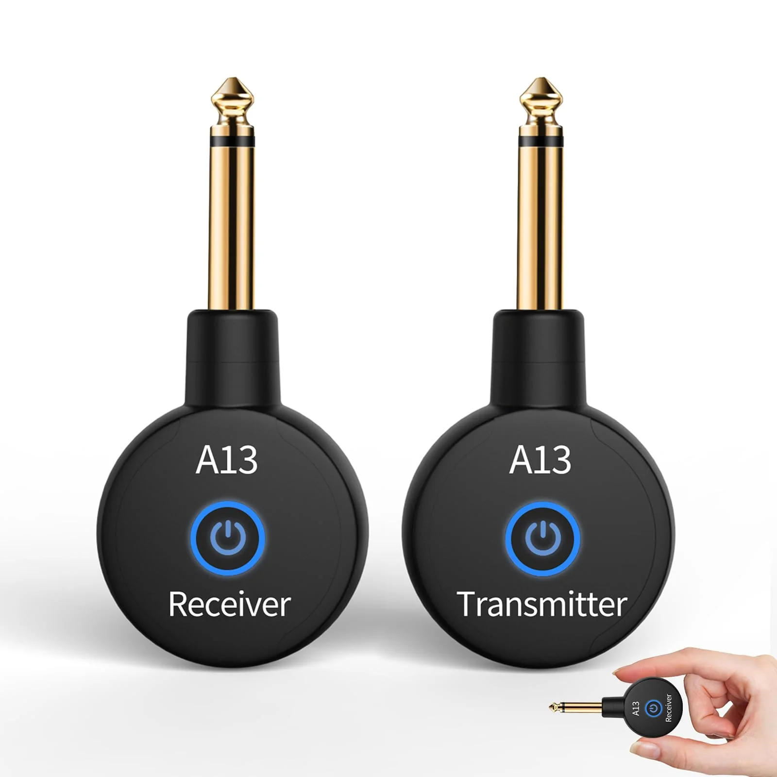 A13 Wireless Guitar System 2.4GHz Transmitter Receiver for Electric/Acoustic Bass Guitar, Rechargeable Li-Battery, Plug & Play Wireless Guitar Cable for Guitar, Bass, Violin - Black (1TX + 1RX) 1TX + 1RX