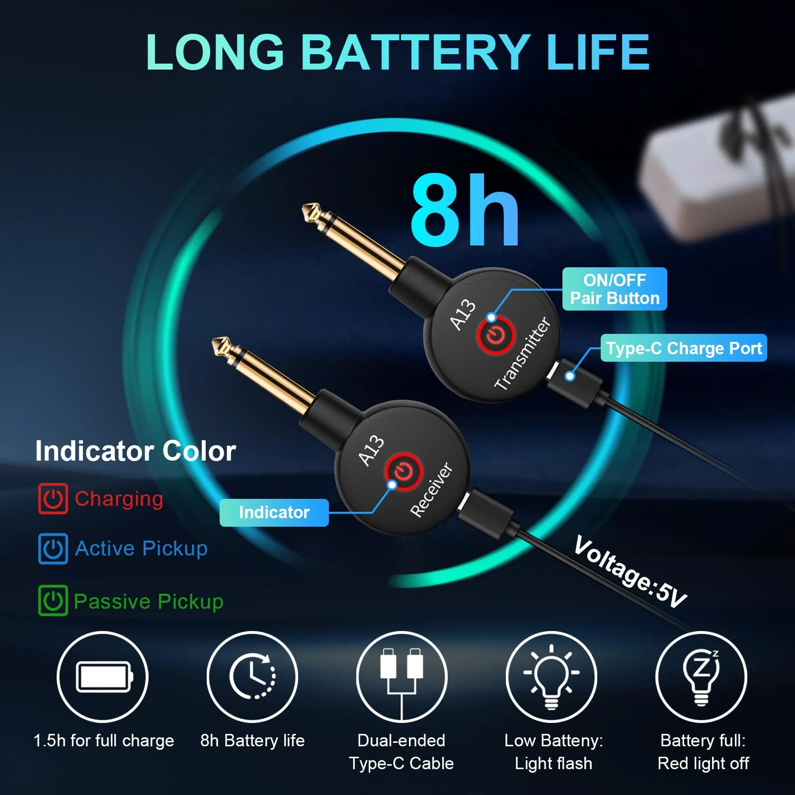 A13 Wireless Guitar System 2.4GHz Transmitter Receiver for Electric/Acoustic Bass Guitar, Rechargeable Li-Battery, Plug & Play Wireless Guitar Cable for Guitar, Bass, Violin - Black (2TX + 1RX) A13-2 - Image 5