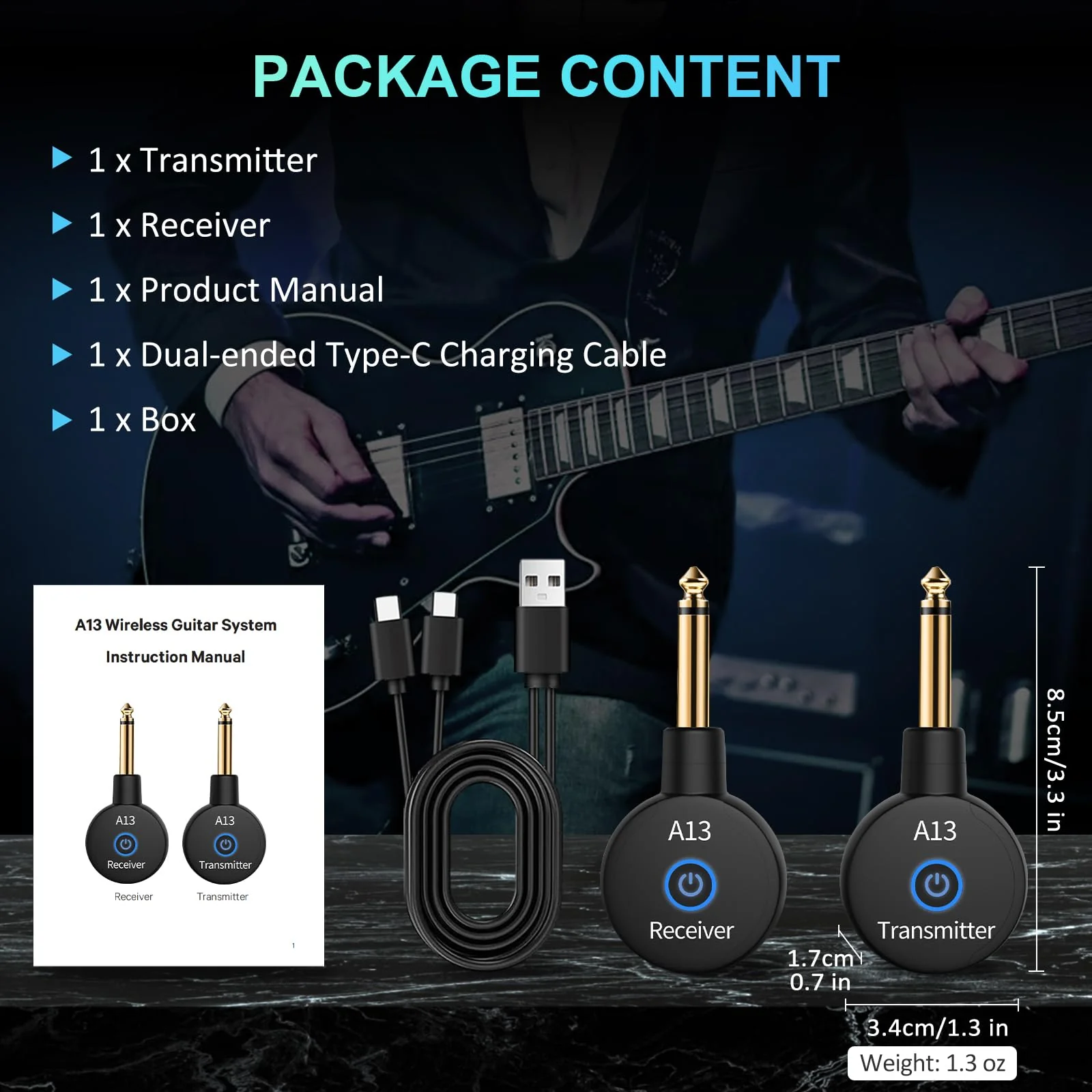A13 Wireless Microphone Transmitters Receivers, Microphones Guitar System, 2.4GHz Guitar Accessories, No Latency, 100ft Range, Rechargeable 5-Hour Battery, Plug & Play (1TX+1RX) 1TX+1RX - Image 7