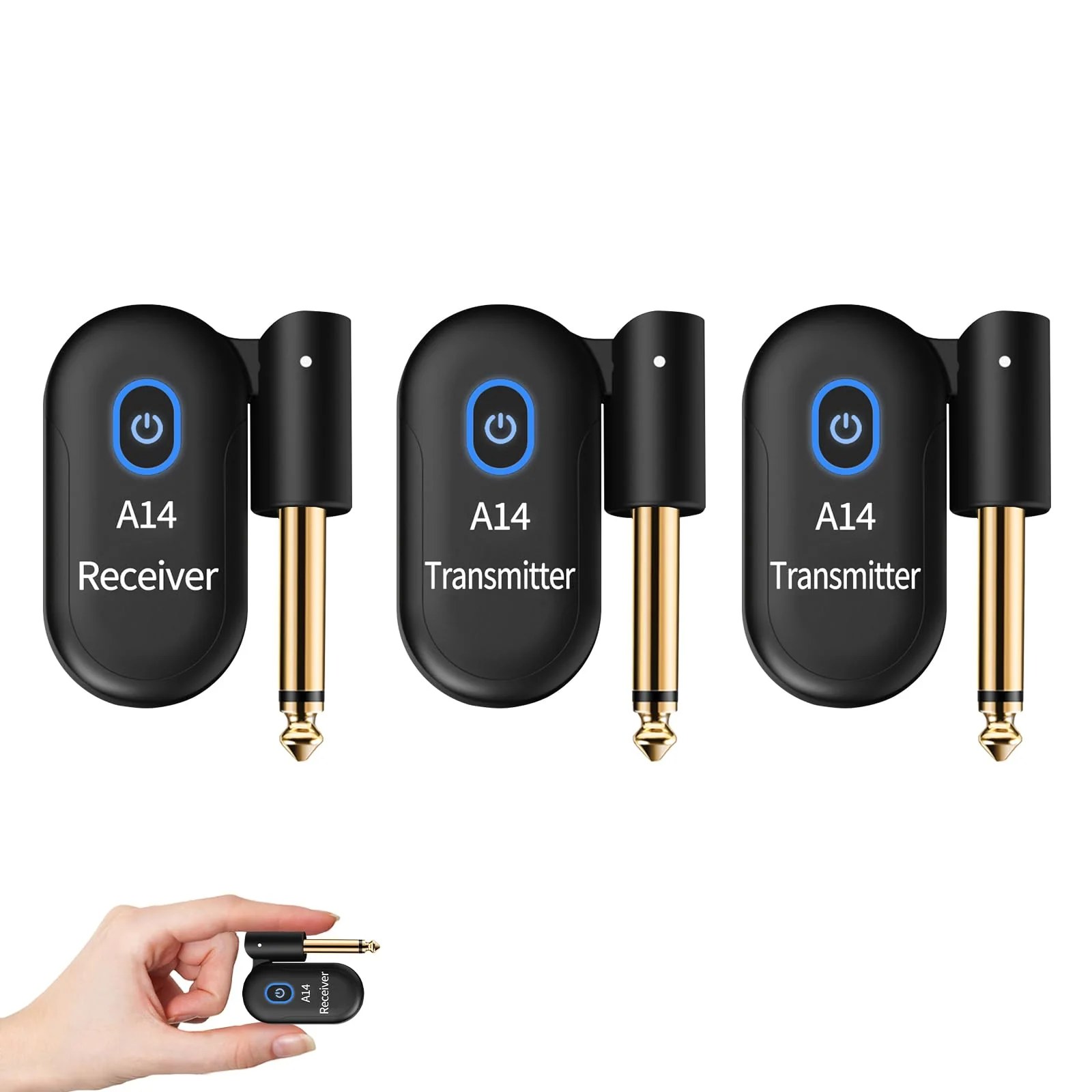 A14 Wireless Guitar System 2.4GHz 2 Modes, Thumb-Size, 90° Rotatable, Wireless Guitar Transmitter Receiver 100ft Range, Plug & Play for Guitar, Bass, Violin, Keyboard - Black (2TX + 1RX) 2TX + 1RX