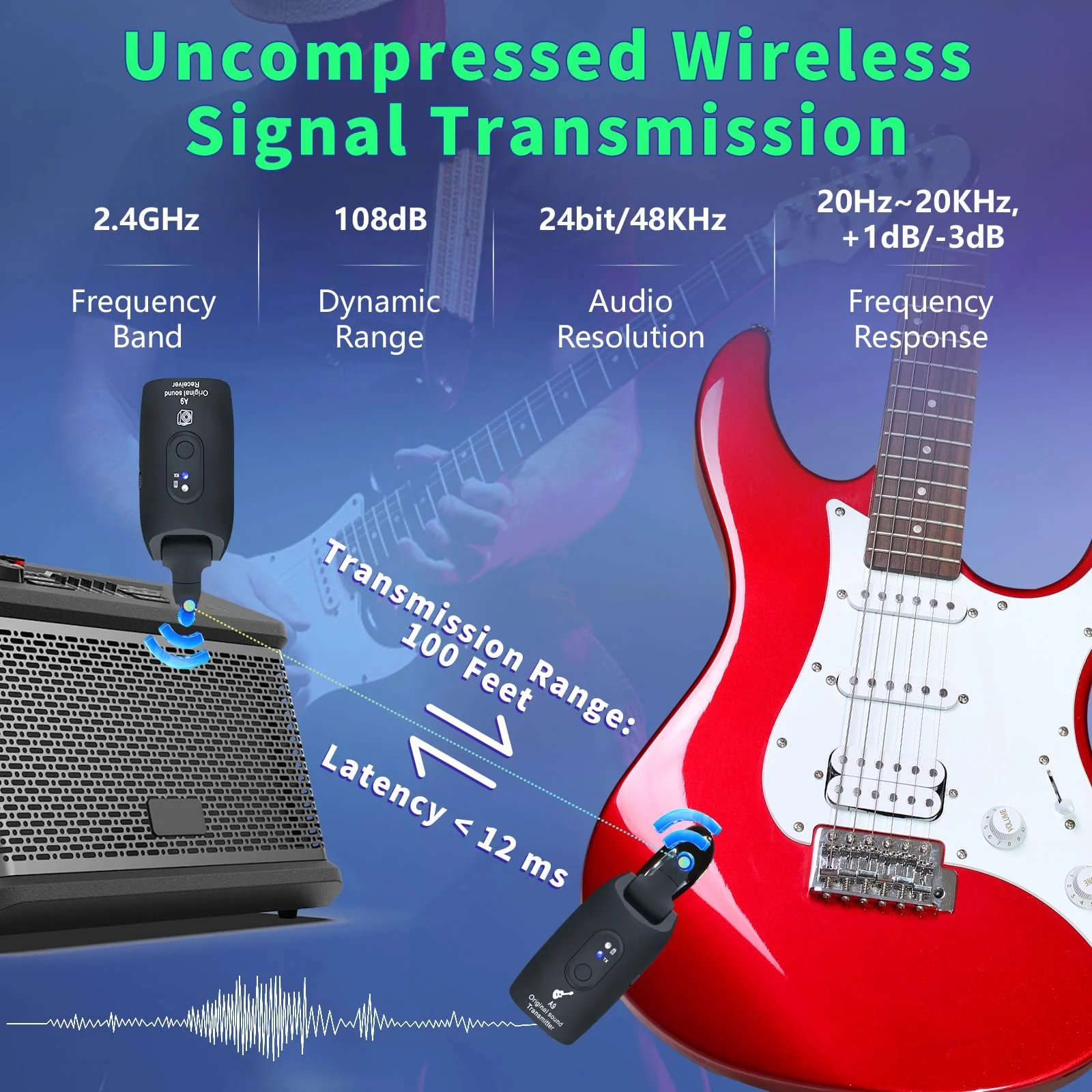A9 Wireless Guitar System - 2.4GHz Guitar Accessories Transmitter Receiver, 24-bit 48KHz Audio, 100ft Range, No Latency, 4-Hour Rechargeable Battery, for Electric Bass (Black(1TX+1RX)) Black - Image 3