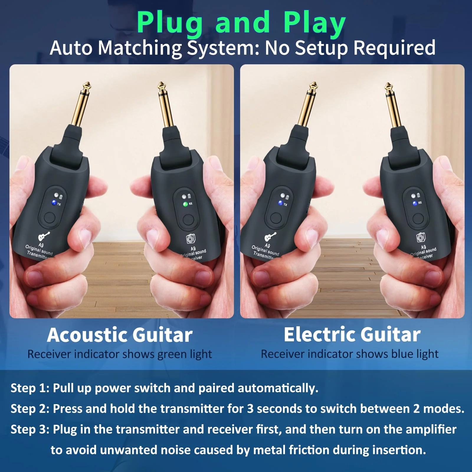 A9 Wireless Guitar System - 2.4GHz Guitar Accessories Transmitter Receiver, 24-bit 48KHz Audio, 100ft Range, No Latency, 4-Hour Rechargeable Battery, for Electric Bass (Black(1TX+1RX)) Black - Image 7