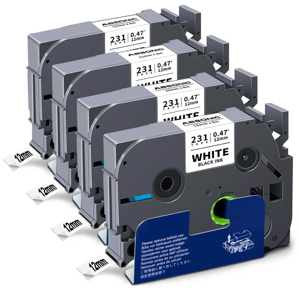 Absonic 12mm Tz Tape Replace for Brother Ptouch Label Tape 12mm 0.47" Laminated White Tape 1/2" Black on White for Brother P Touch PT-H100 PTD220 PTD210 PT-1290 PT-2040C PTD400 PTD600 PTD410, 4 Pack