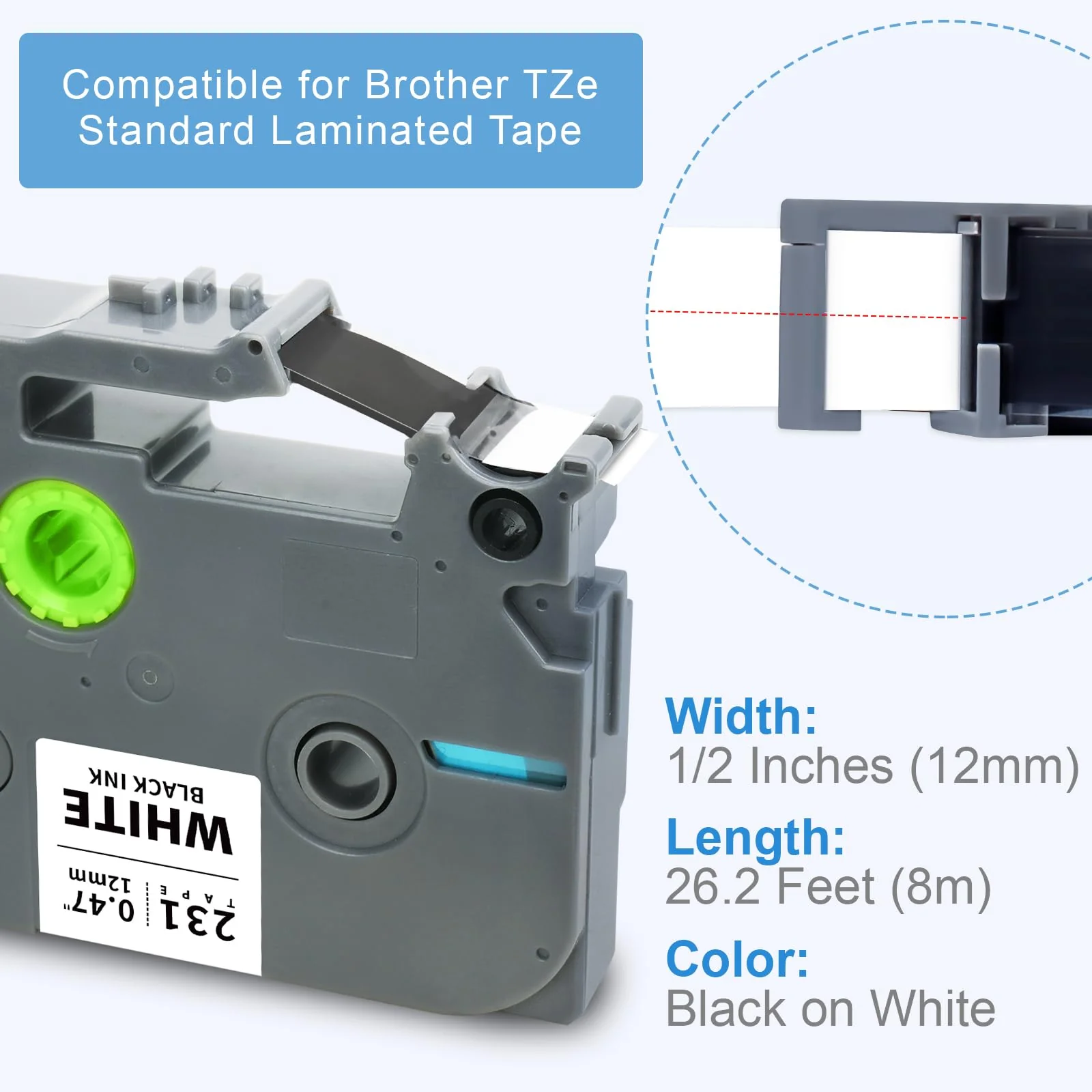 Absonic 12mm Tz Tape Replace for Brother Ptouch Label Tape 12mm 0.47" Laminated White Tape 1/2" Black on White for Brother P Touch PT-H100 PTD220 PTD210 PT-1290 PT-2040C PTD400 PTD600 PTD410, 4 Pack - Image 2