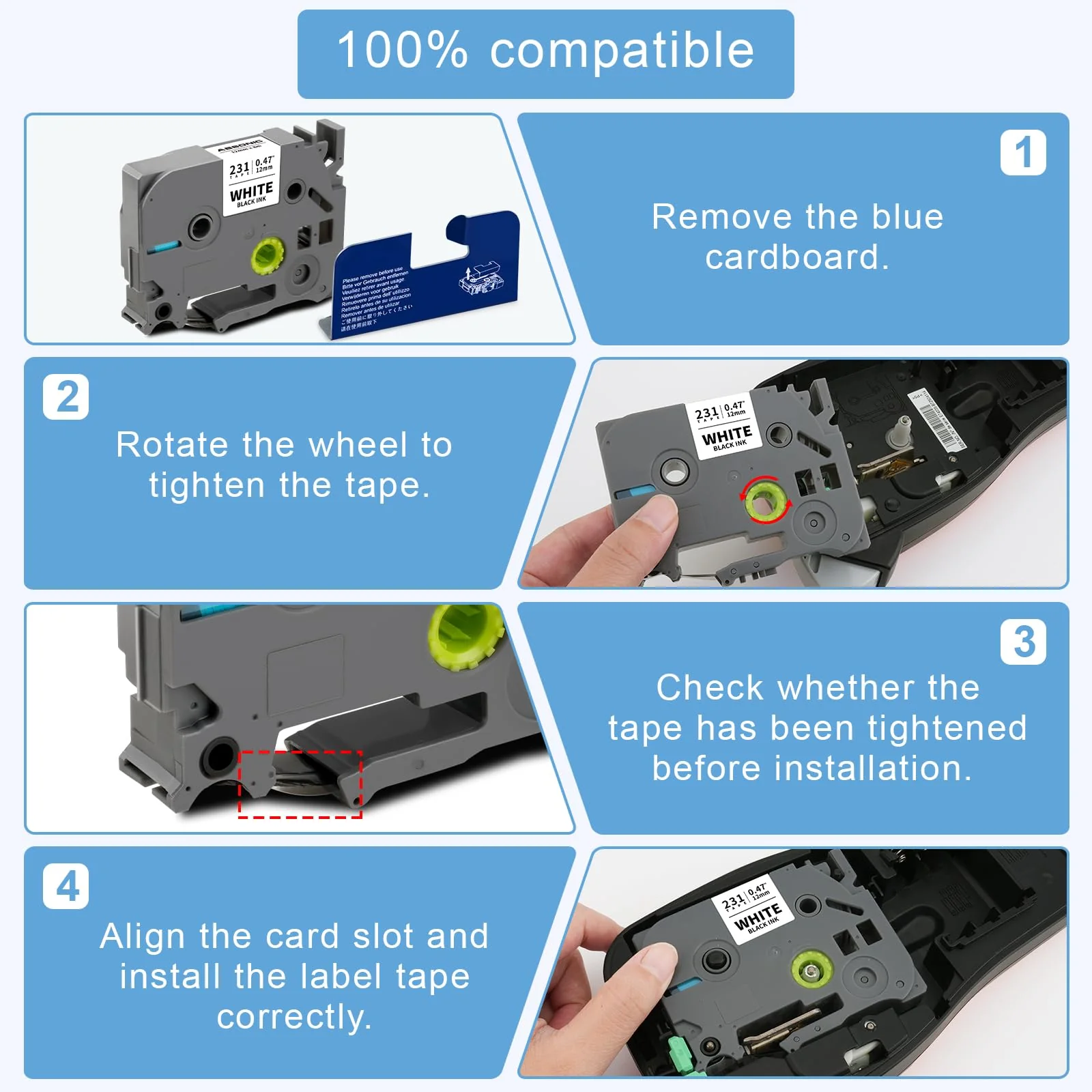 Absonic 12mm Tz Tape Replace for Brother Ptouch Label Tape 12mm 0.47" Laminated White Tape 1/2" Black on White for Brother P Touch PT-H100 PTD220 PTD210 PT-1290 PT-2040C PTD400 PTD600 PTD410, 4 Pack - Image 4