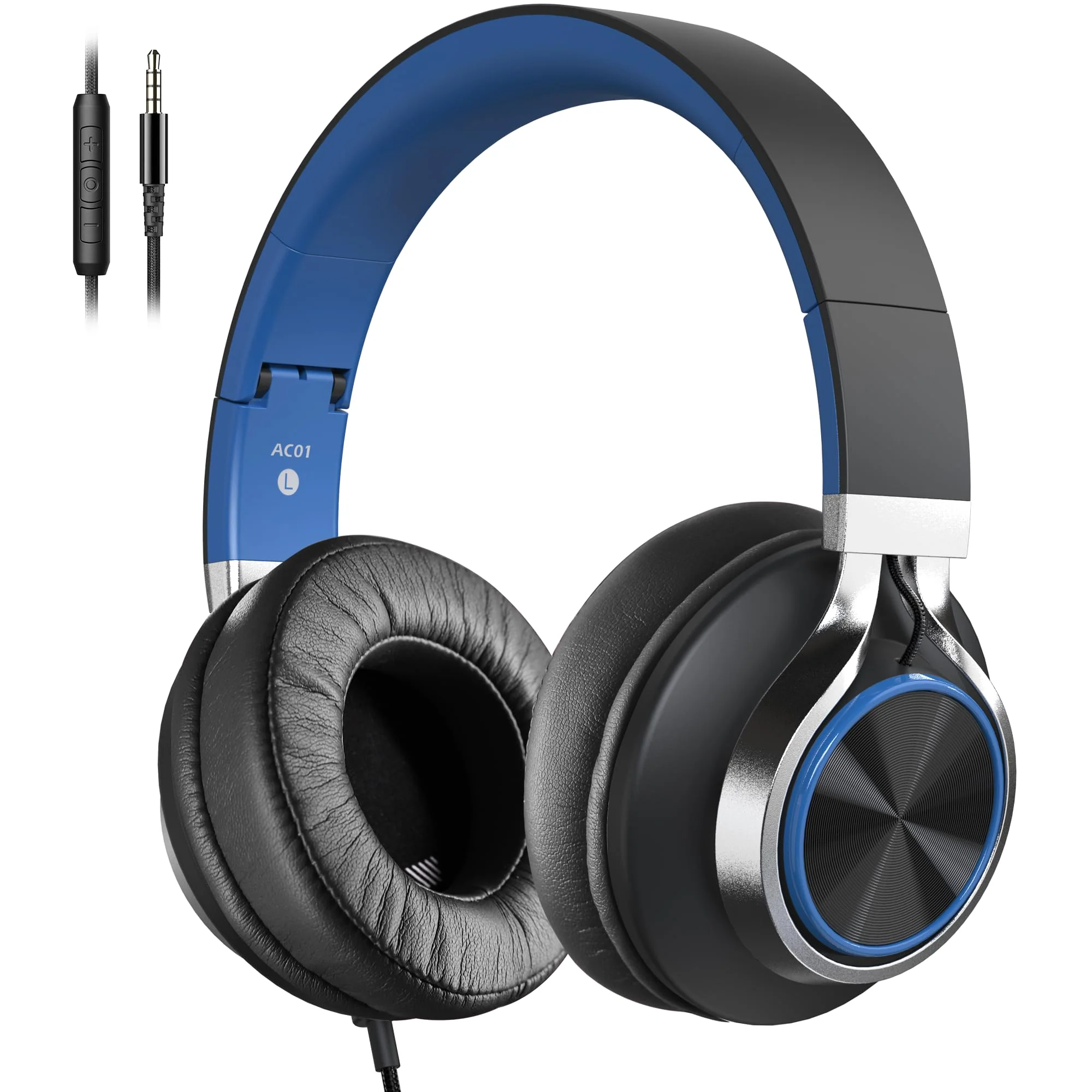 AC01 Over-Ear Headphones Wired, Passive Noise Isolating Corded Stereo Headsets with Mic Volume Control for Adults Teens 3.5mm for Chromebooks, Laptop, Computer, Tablets, Travel (Black Blue) Black Blue