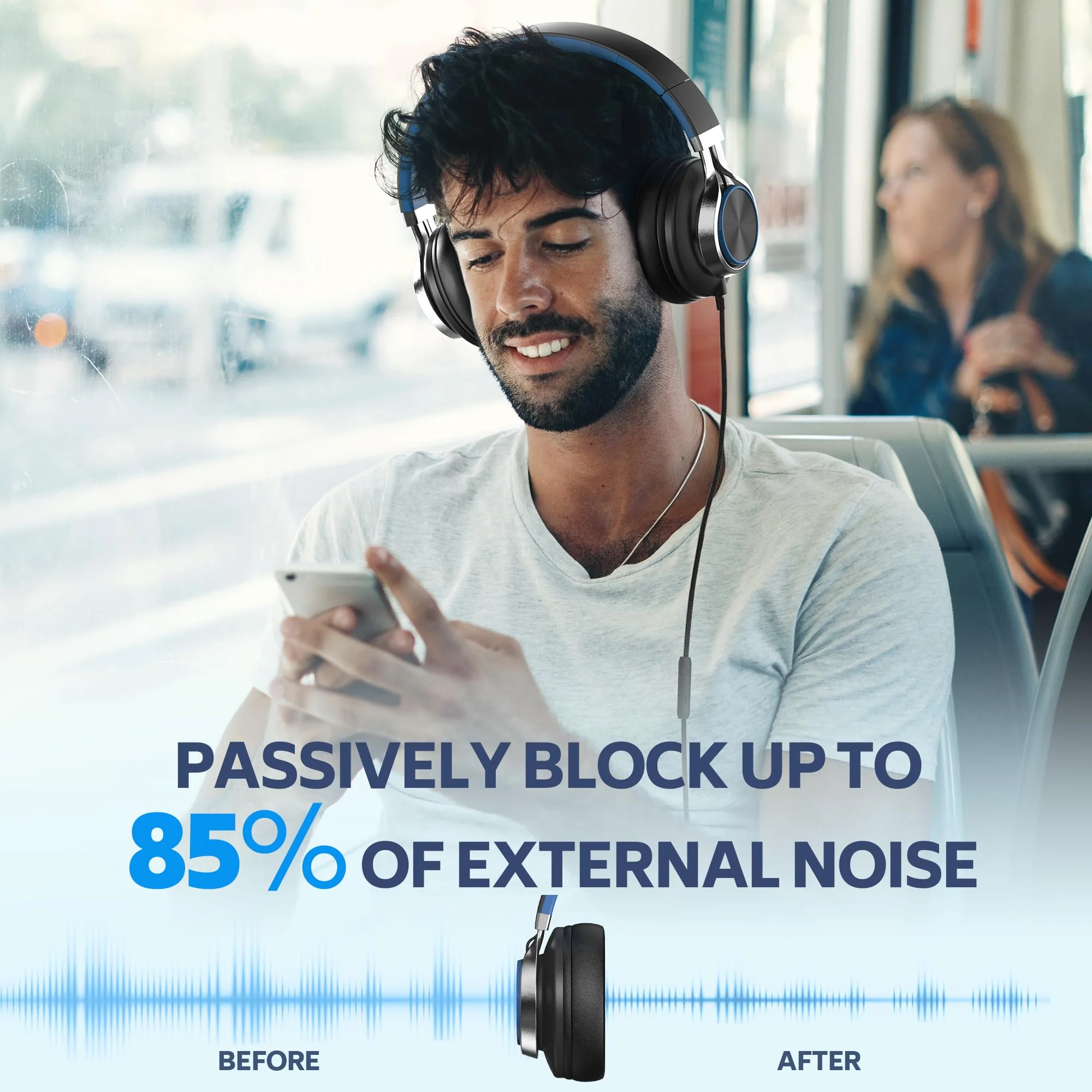 AC01 Over-Ear Headphones Wired, Passive Noise Isolating Corded Stereo Headsets with Mic Volume Control for Adults Teens 3.5mm for Chromebooks, Laptop, Computer, Tablets, Travel (Black Blue) Black Blue - Image 4