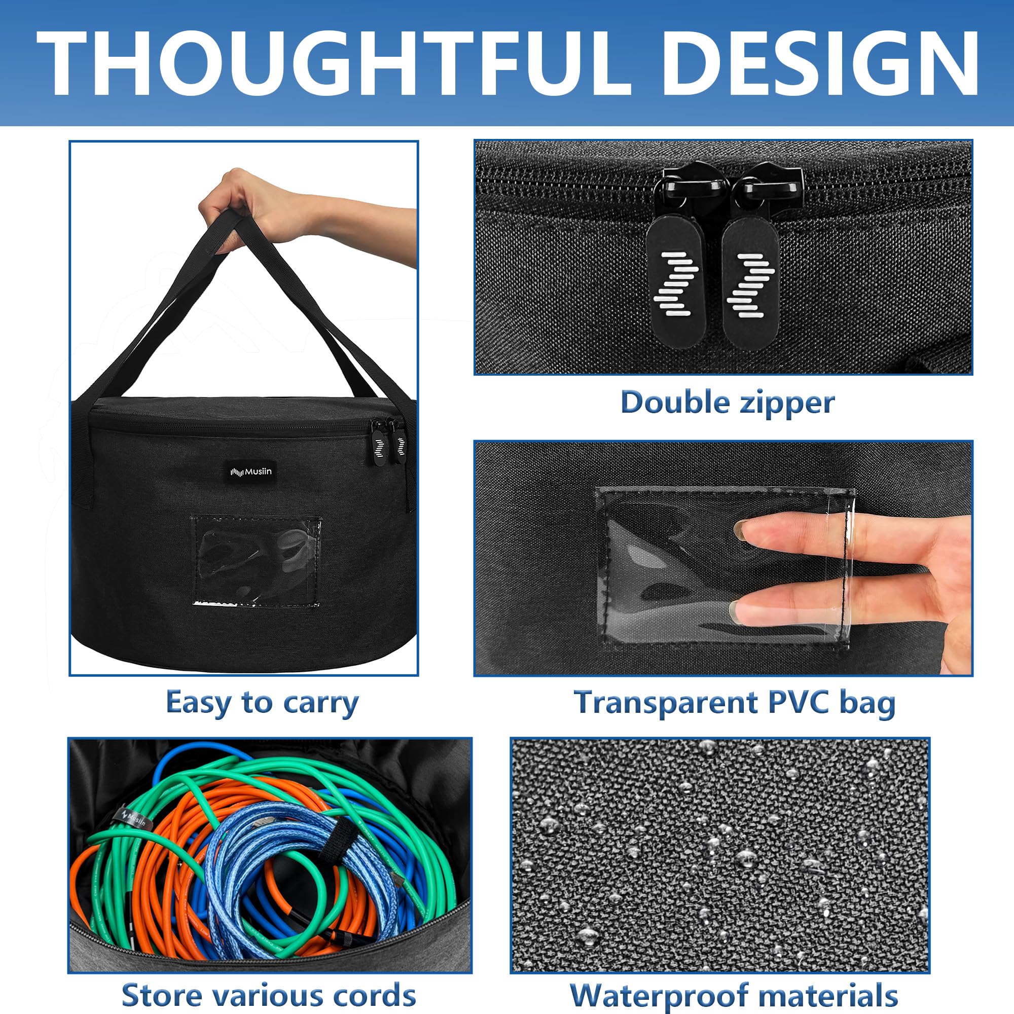 Accessories Bag for Guitar, Bass, Keyboard, Drums Cables & Adapters Multi-Function Round Storage, Internal Mesh Pocket for Connectors, Convenient and Stylish Music Gear Organizer. - Image 3
