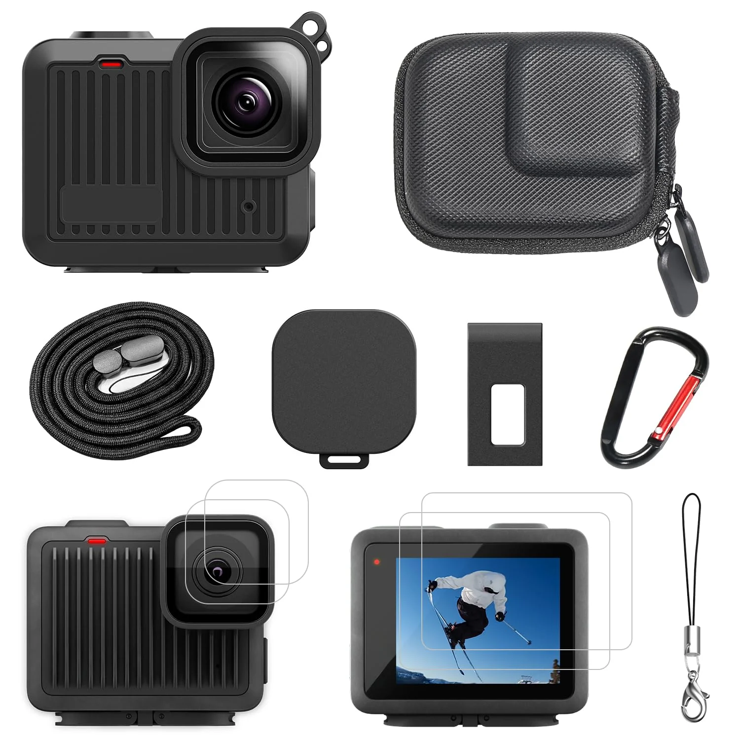 Accessories Kit for GoPro Hero 4K Accessories Including Silicone Protective Cases Storage case Tempered Glass Protective Films Lens caps lanyards and Battery Side Covers for GoPro Hero
