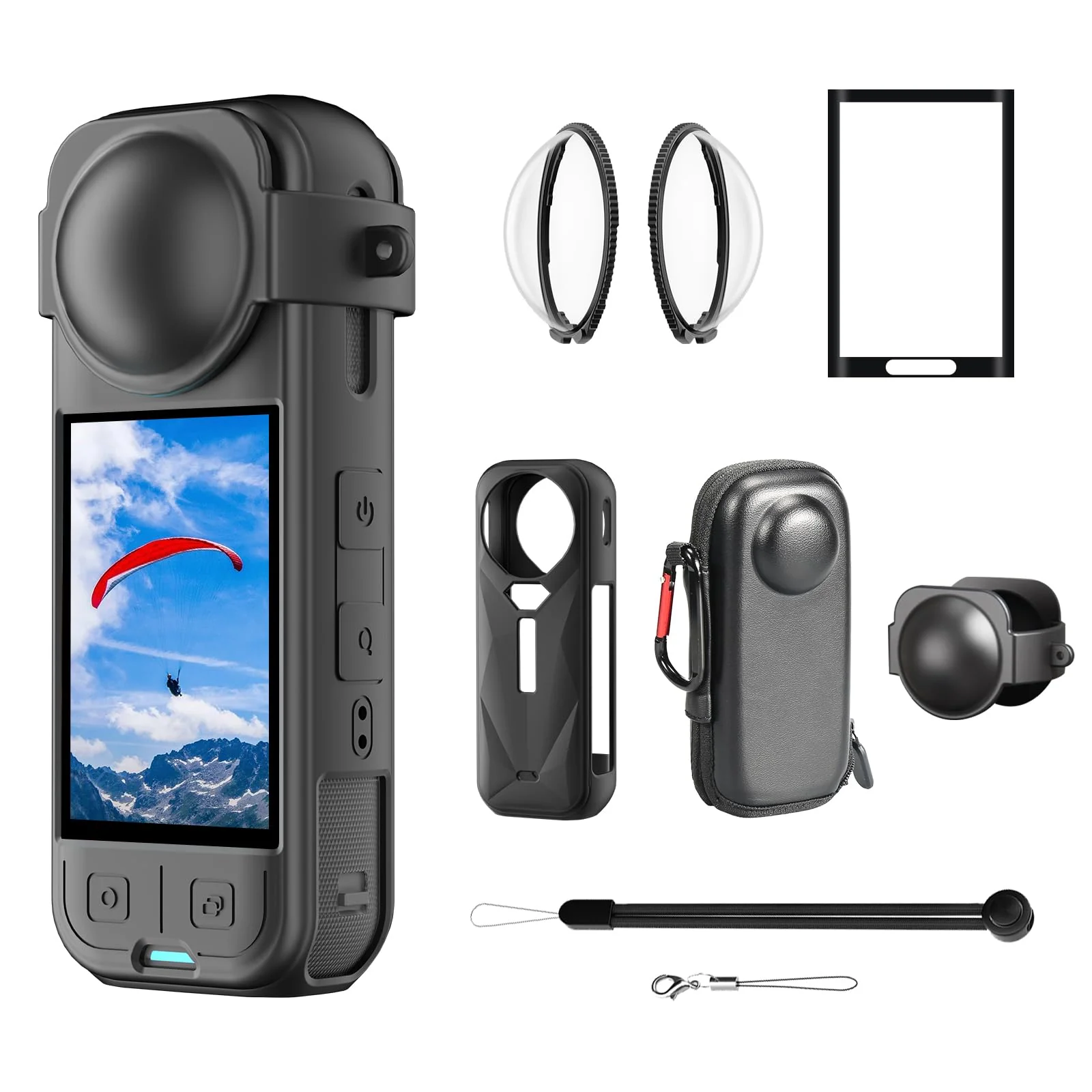 Accessories Kit for Insta360 X5 Lens Guard Protective Case Glass Tempered Glass Screen Protector Silicone Protective Cover and Lens Cap Camera Case
