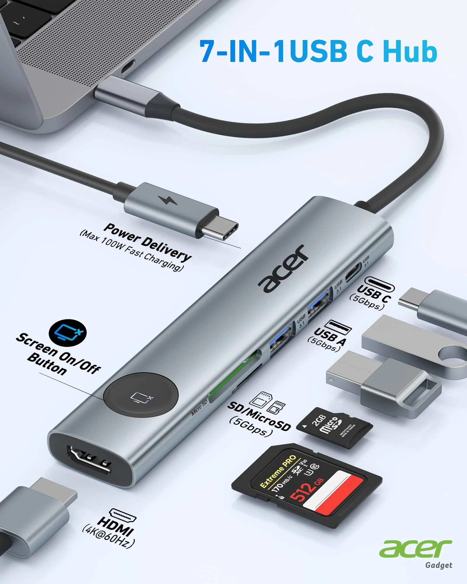 Acer 4K@60Hz USB C Hub, 7 in 1 USB C to HDMI Splitter with USB-A 3.1 & Type-C Data Port, 100W PD & SD Card Reader, USB-C to HDMI Adapter for iPad Pro MacBook Pro Acer Laptops & Other Type C Devices Grey - Image 2