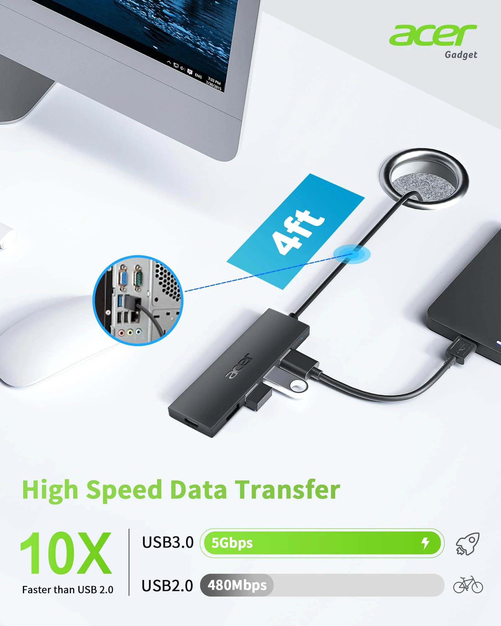 Acer USB Hub 4 Ports, Multiple USB 3.0 Hub, USB A Expander for Laptop with USB C Power Port, USB Extender for A Port Laptop, Windows, Linux, Acer PC, and More (4ft) 4ft USB-A 3.0 - Image 3