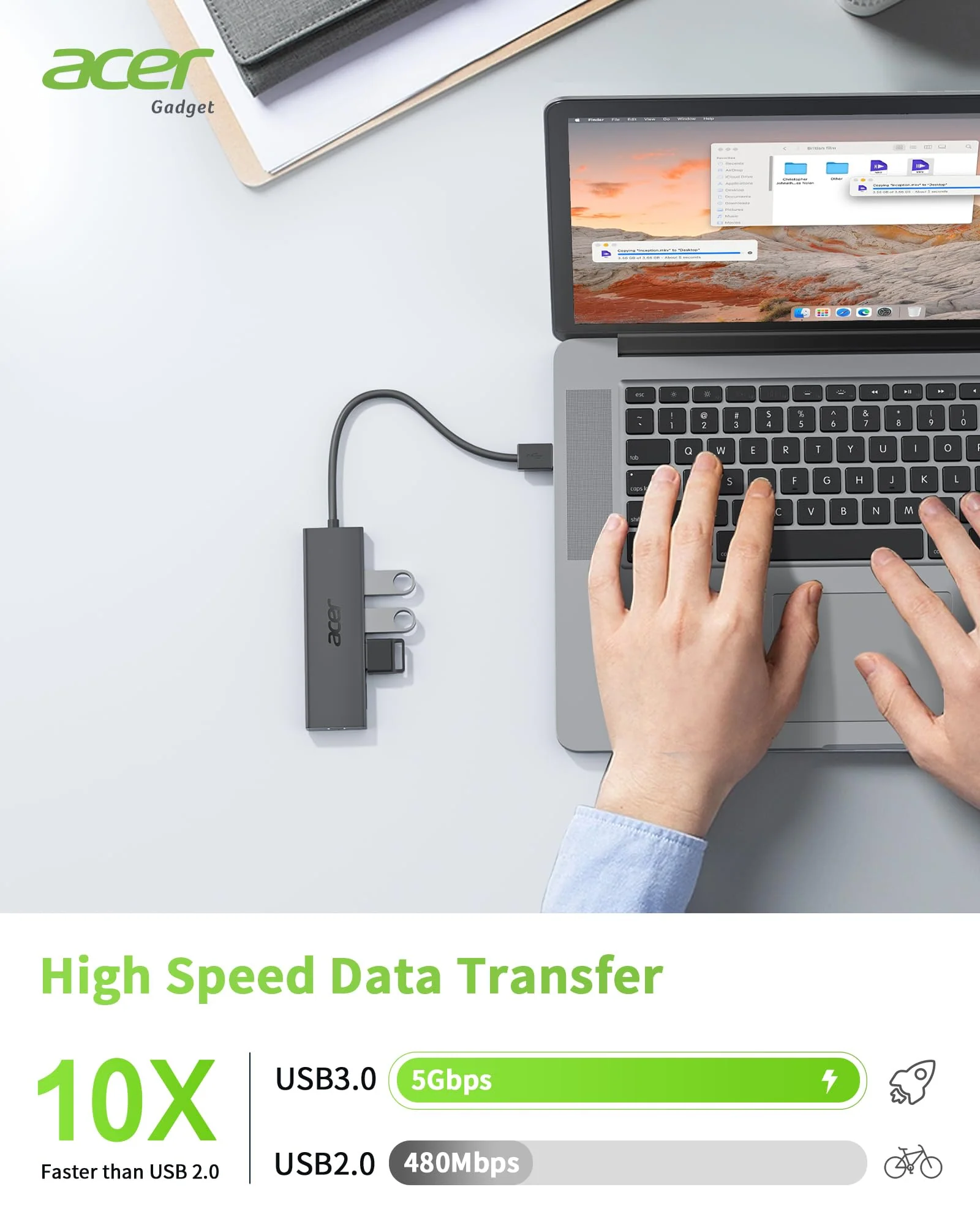 Acer USB Hub, 4 Ports Multiple USB 3.0 Hub, USB Data Hub for Laptop with USB C Power Port, USB Extender for A Port Laptop, Windows, Linux, Acer PC, and More(0.7ft) 0.7ft USB-A 3.0 - Image 3