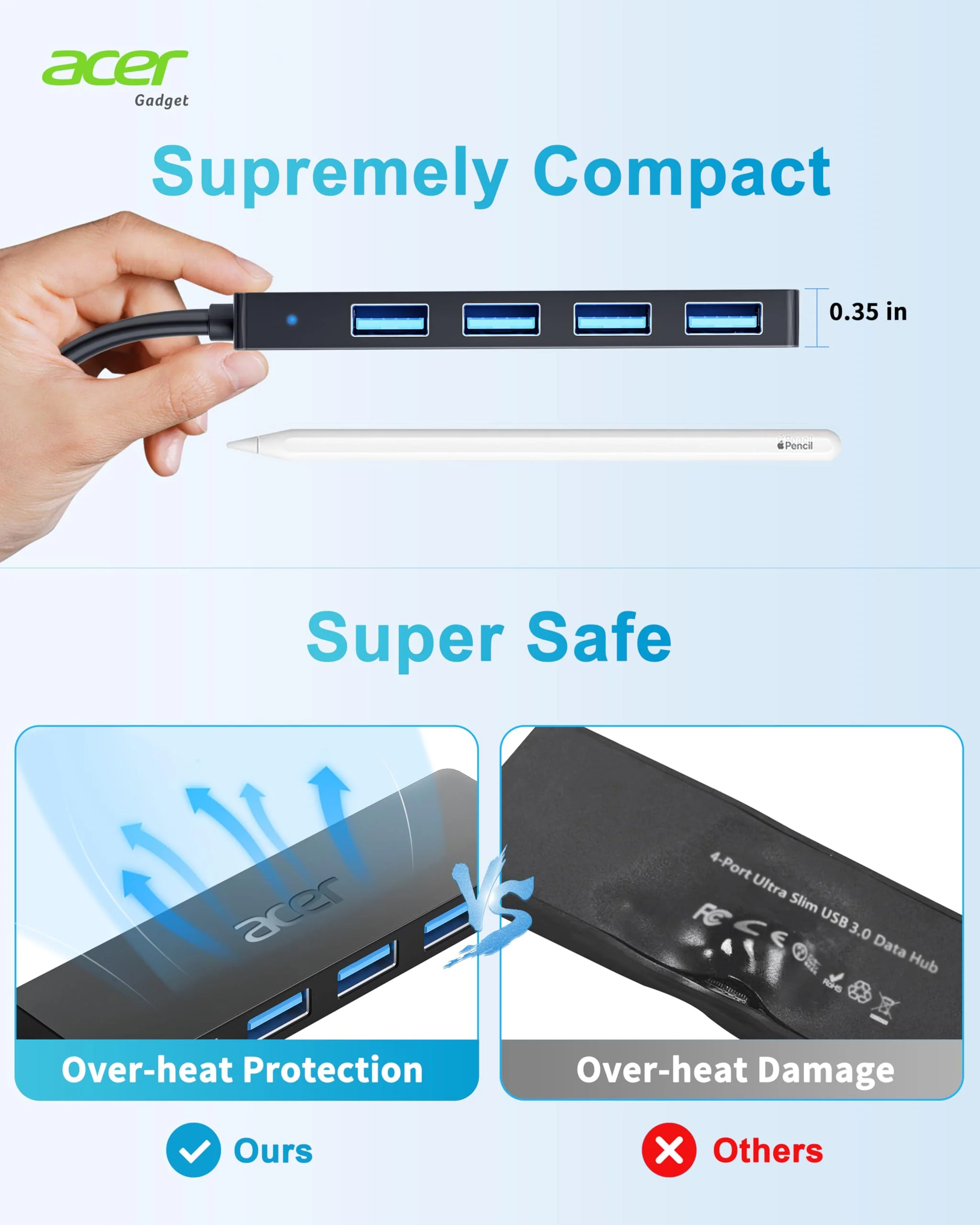 Acer USB Hub, 4 Ports Multiple USB 3.0 Hub, USB Data Hub for Laptop with USB C Power Port, USB Extender for A Port Laptop, Windows, Linux, Acer PC, and More(0.7ft) 0.7ft USB-A 3.0 - Image 5
