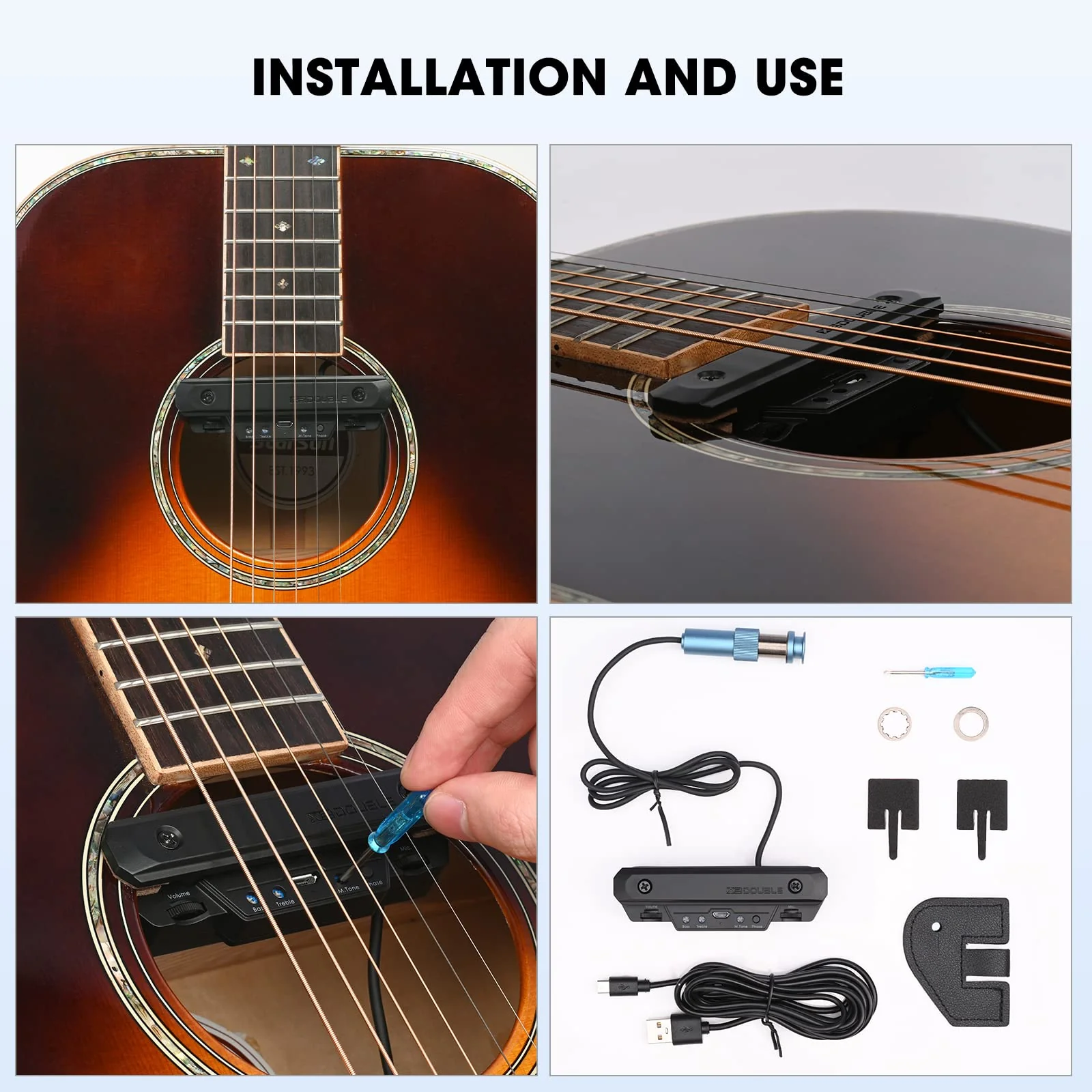 Acoustic Guitar Pickup Rechargable Active Soundhole Guitar Pickup Adjustable Pickup for Guitar Magnetic Coil Build-in Volume Control Guitar Microphone Acoustic Pickup Wired Guitar Pickup Black - Image 6