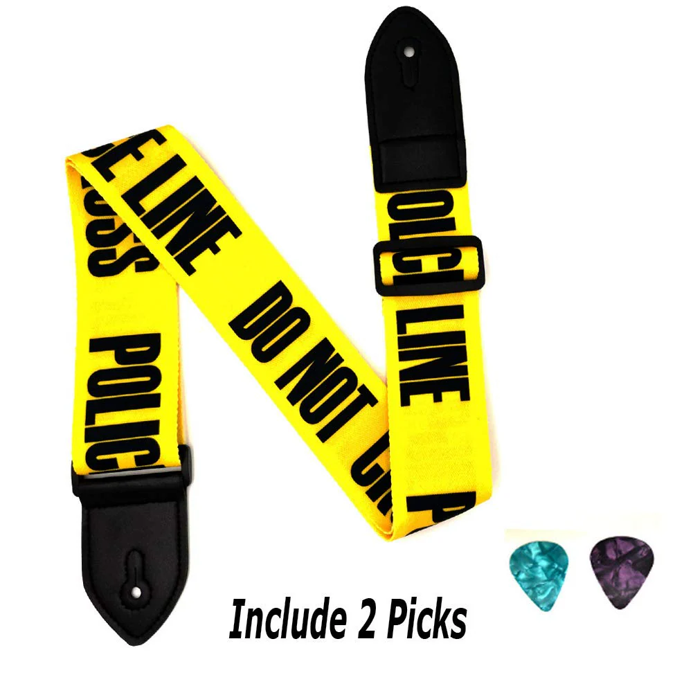 Acoustic Guitar Strap Electric Guitar Straps with Leather Ends Adjustable Classical Suitable For Bass, Electric & Acoustic Guitars (Yellow Police Line) - Image 5