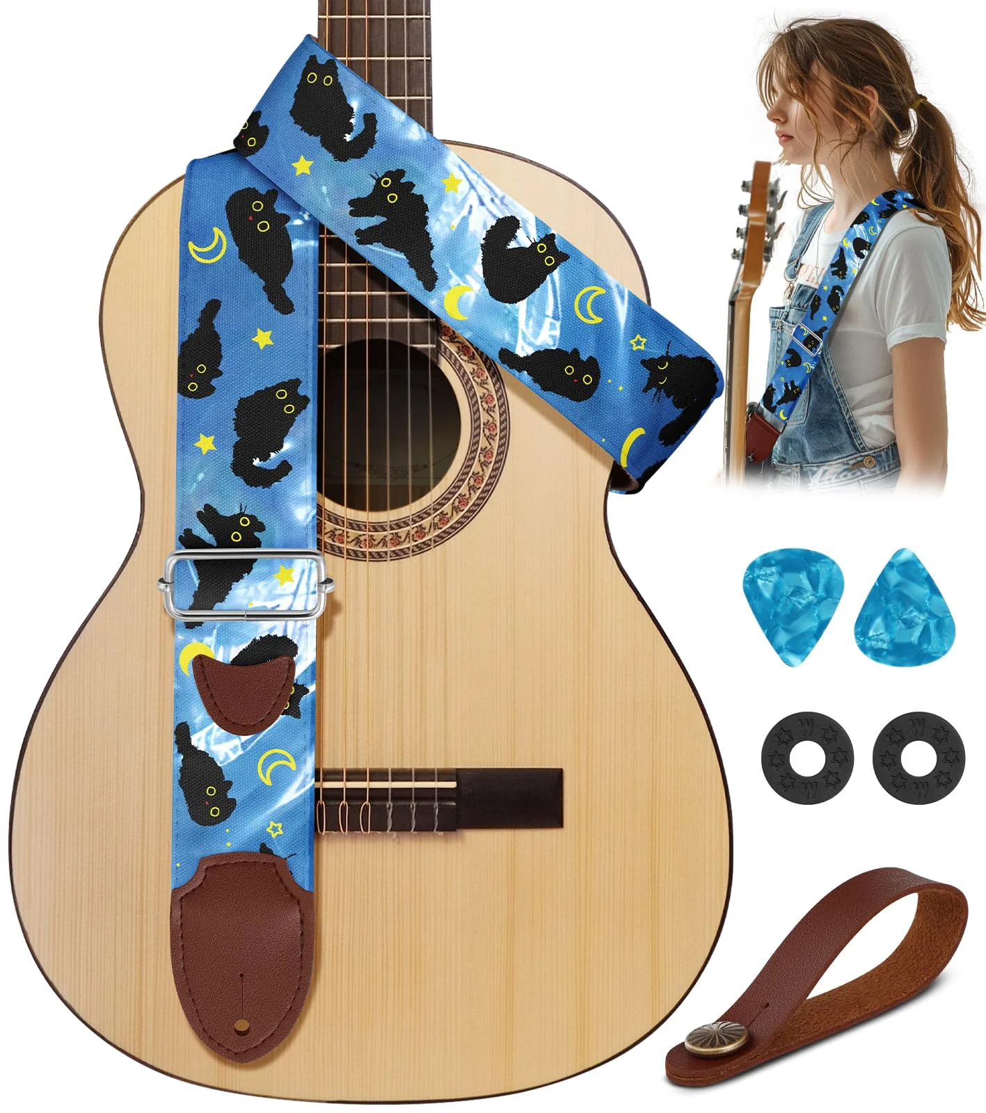 Acoustic Guitar Strap for Ukulele Bass Classical Electric Guitar Correa para Guitarra Adult Size Cool Long Adjustable Blue Cats