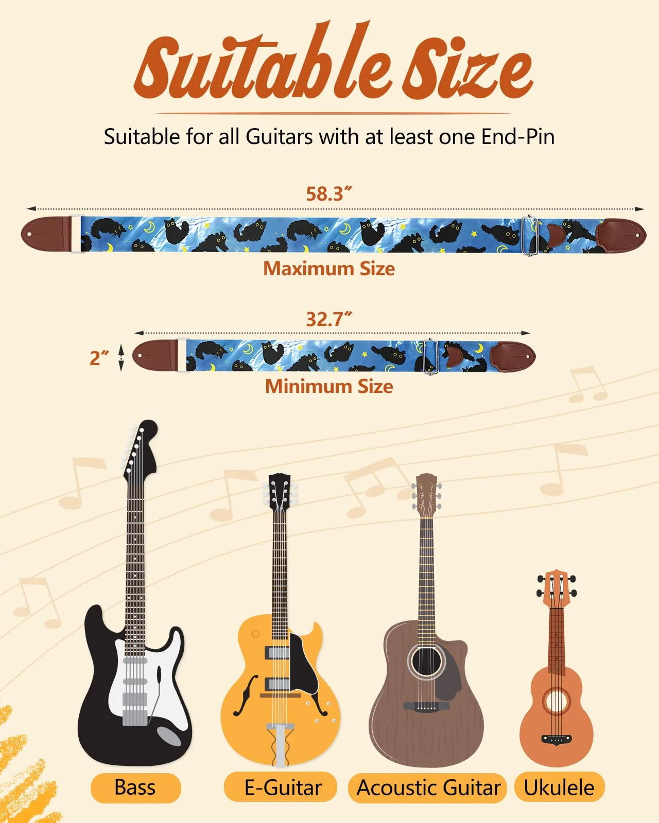 Acoustic Guitar Strap for Ukulele Bass Classical Electric Guitar Correa para Guitarra Adult Size Cool Long Adjustable Blue Cats - Image 2