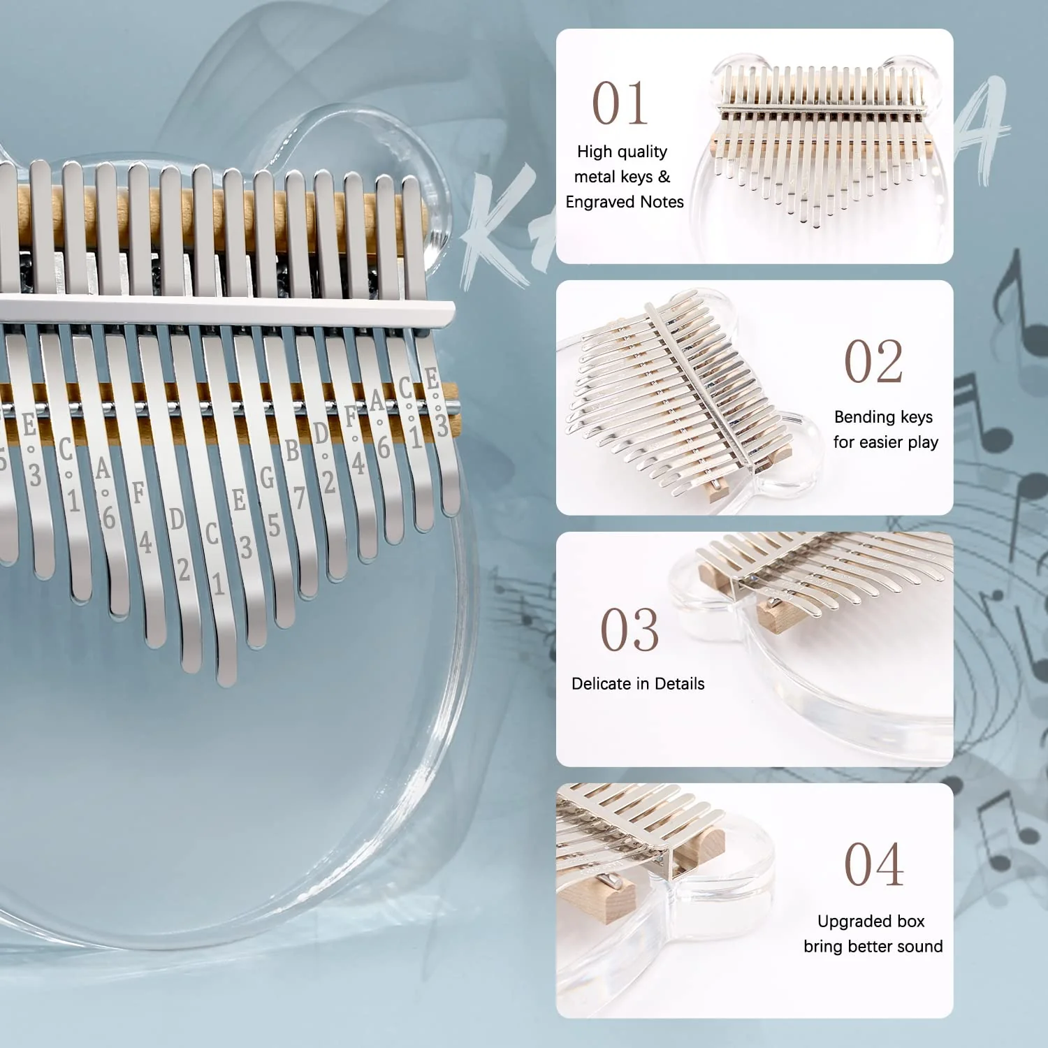 Acrylic Kalimba Thumb Piano,YUNDIE Portable 17 Keys Mbira Crystal Finger Piano, Musical Instruments Birthday Gift for Kid Adult Beginners Professional(Clear) (17 Keys) - Image 2