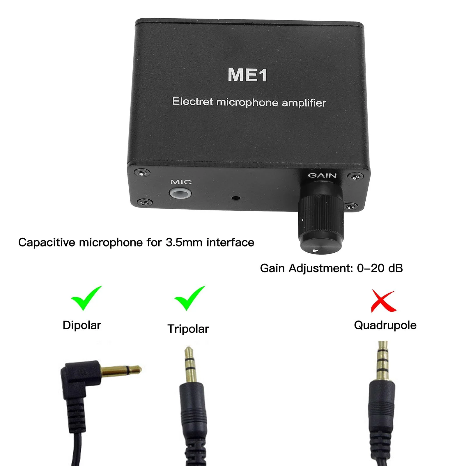 Adjustable Gain Electret Microphone Amp, 3.5mm Input Sound Preamplifier ME1, Built in Bias, Output 3.5mm Interface, 0-20db Gain, DC5-12V Power Supply - Image 2