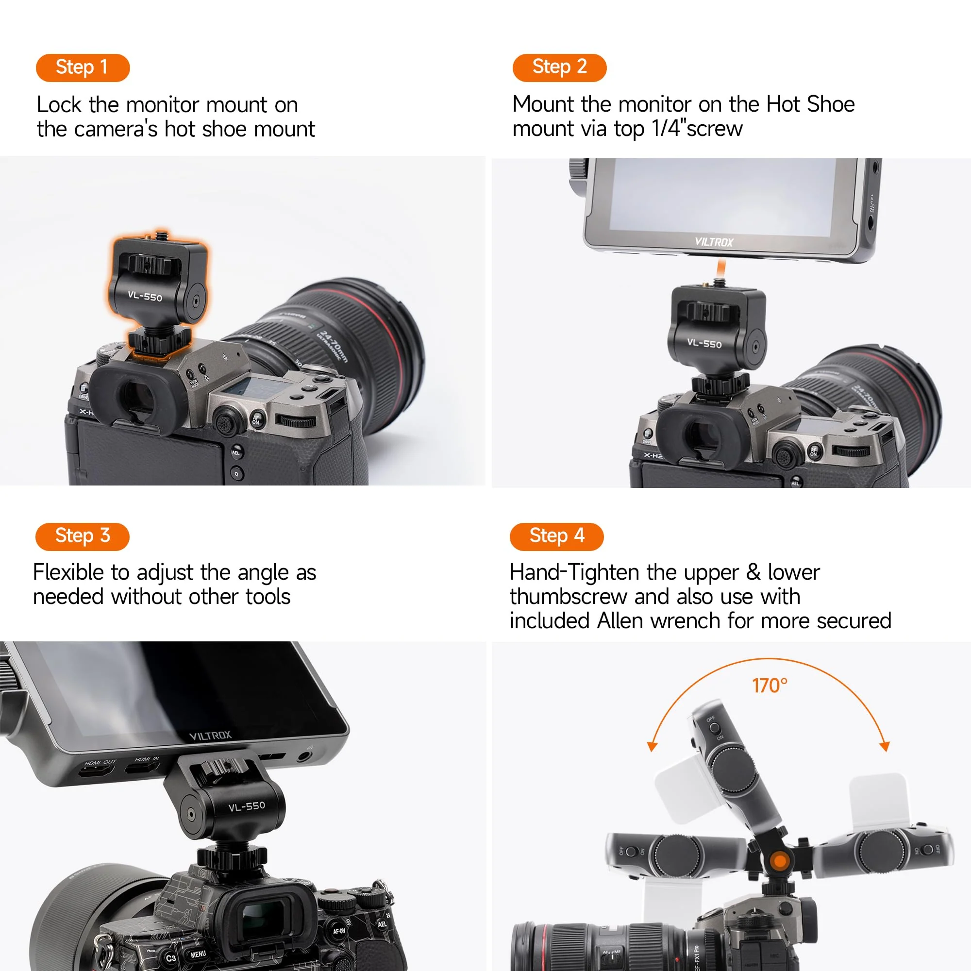 Adjustable Gimbal Monitor Cold Shoe Adapter, Metal Field Monitor Mount Holder, 360 Degree Swivel and Tilt Adjustable Monitor Mount Bracket with Cold Shoe Mount, Locating Pin Design Cold Hot Adapter - Image 5