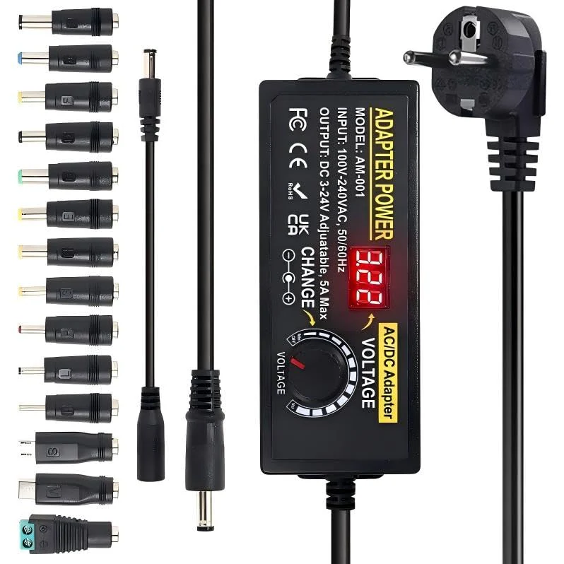 Adjustable Power Adapter 3-24V 5A 120W, Universal Power Supply 5A 120W Adjustable Power Supply Adapter, 100V-240V AC to DC 5A Power Supply with LED Voltage Display and 5.5 x 2.5 mm 14 Tips & Polarity