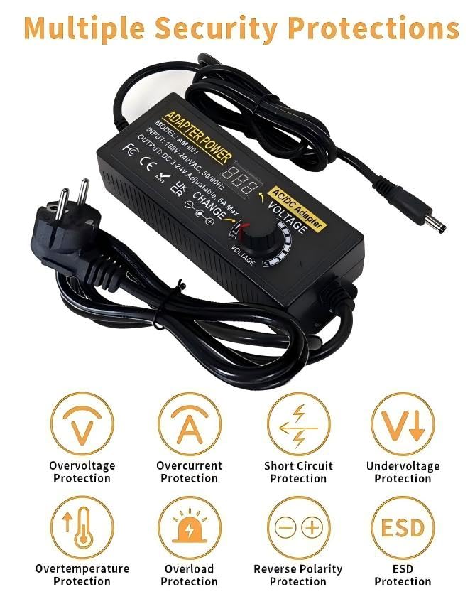 Adjustable Power Adapter 3-24V 5A 120W, Universal Power Supply 5A 120W Adjustable Power Supply Adapter, 100V-240V AC to DC 5A Power Supply with LED Voltage Display and 5.5 x 2.5 mm 14 Tips & Polarity - Image 5