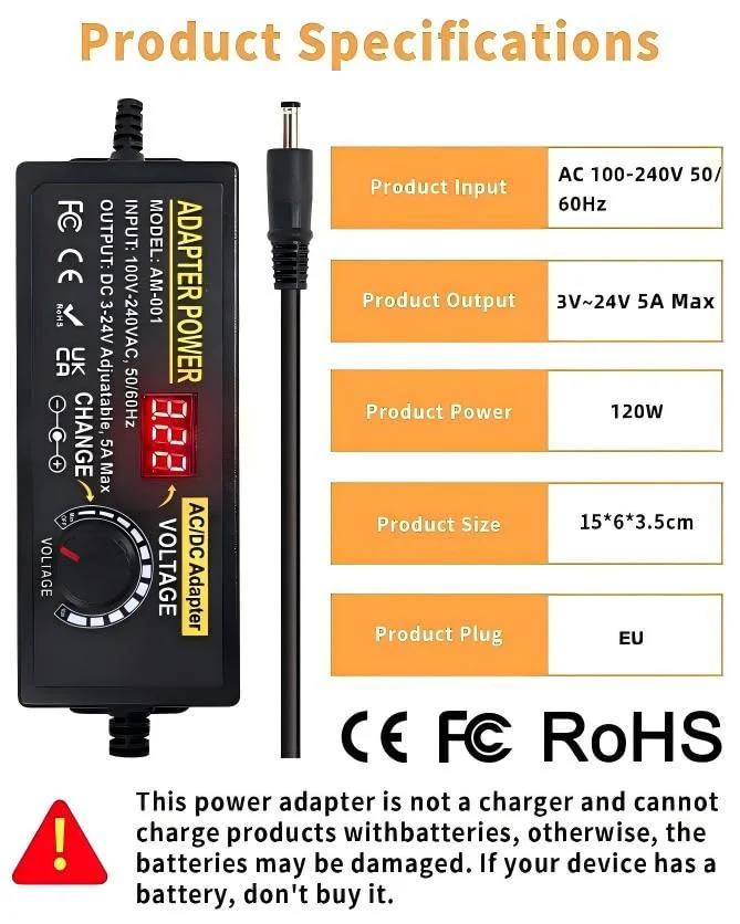 Adjustable Power Adapter 3-24V 5A 120W, Universal Power Supply 5A 120W Adjustable Power Supply Adapter, 100V-240V AC to DC 5A Power Supply with LED Voltage Display and 5.5 x 2.5 mm 14 Tips & Polarity - Image 7